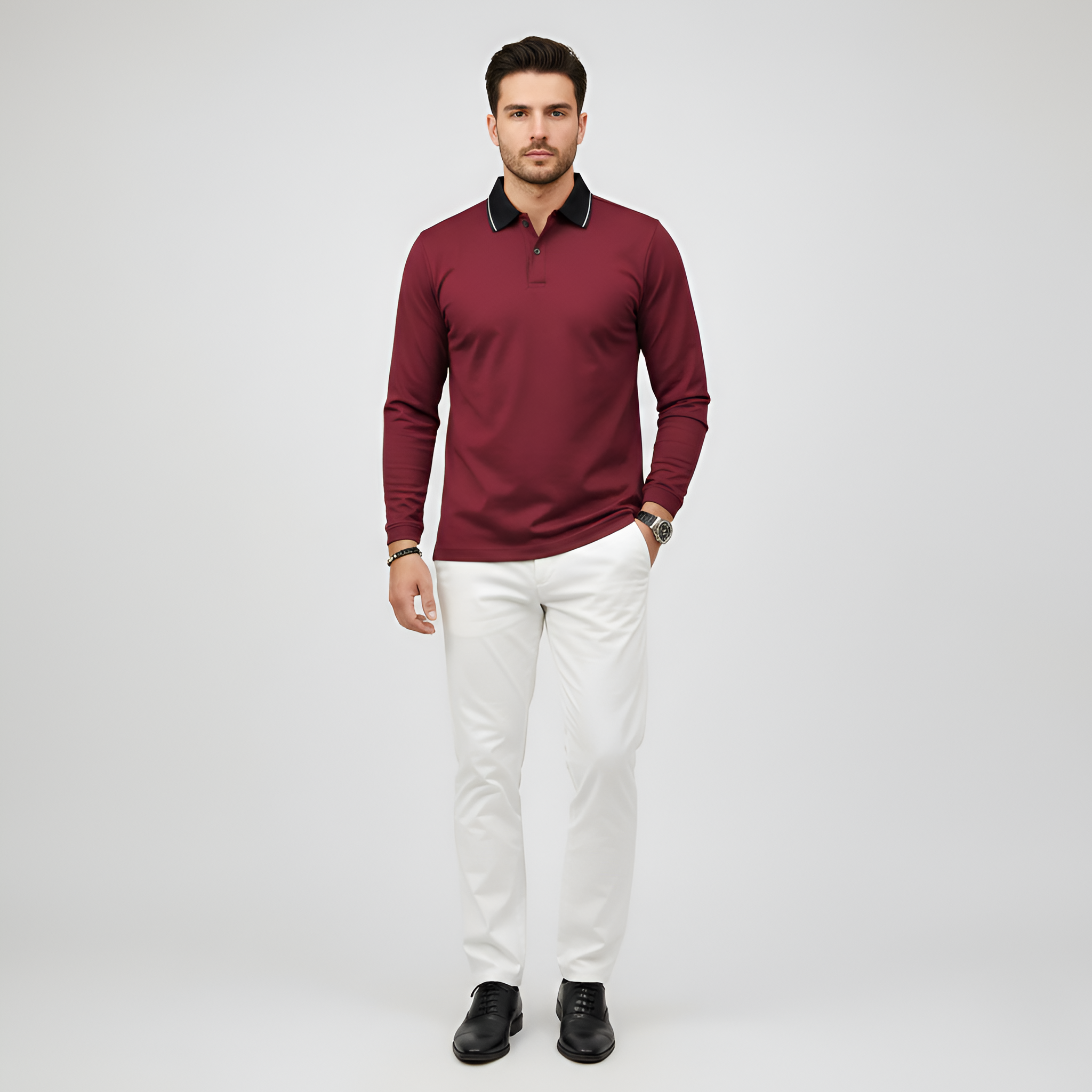 Polo para hombre con mangas largas y ajuste entallado en algodón