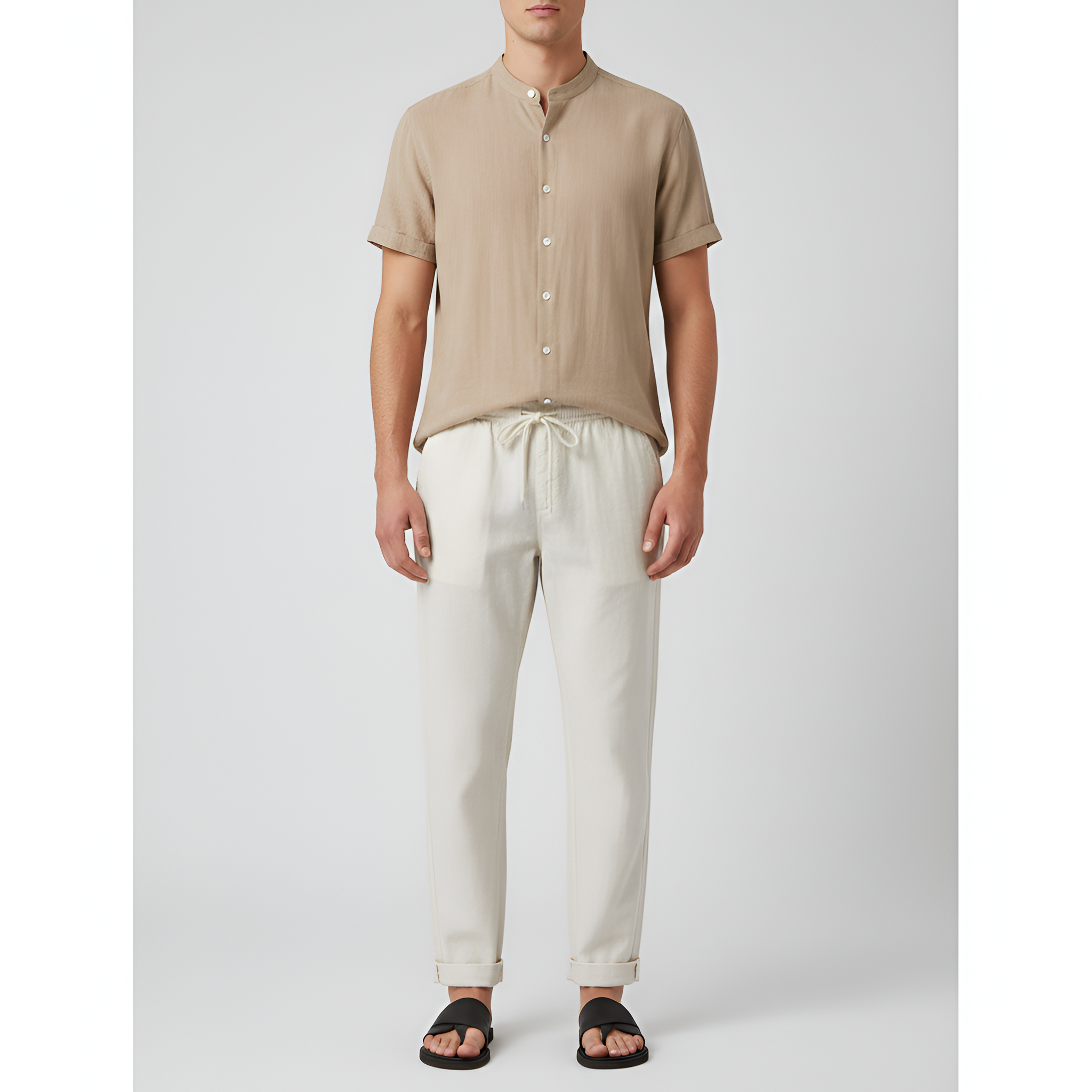 Camisa de hombre de manga corta con cuello mandarín – camisa ligera de verano con botones