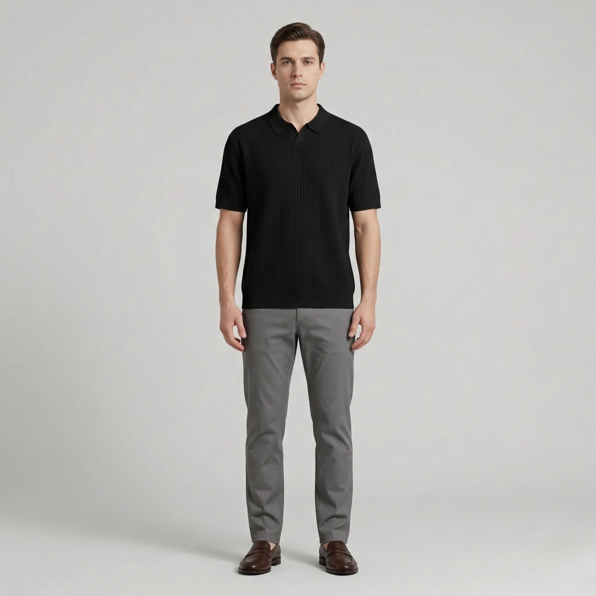 Pánské slim fit žebrované pletené polo tričko s krátkým rukávem, rychleschnoucí, s otevřeným výstřihem, golfový top