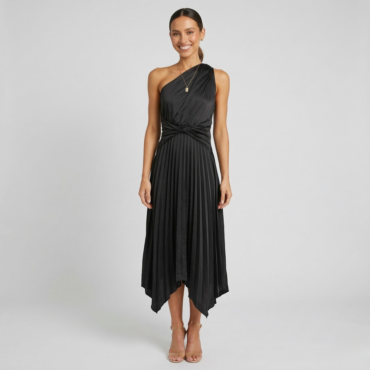 Women's One-Shoulder Midi Dress with Pleated Skirt, Asymmetrical Evening Party Dress