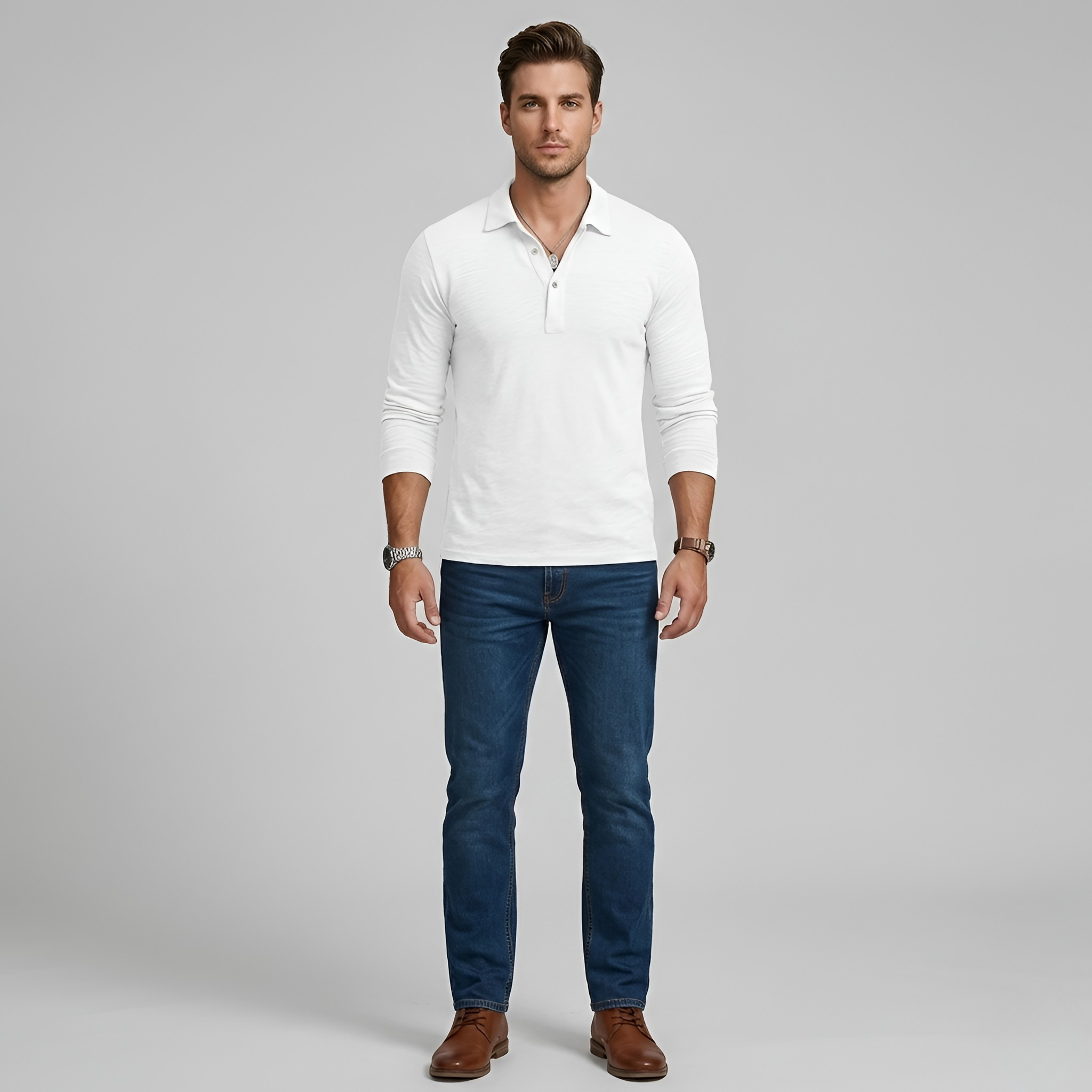 Pánske polo tričko s dlhým rukávom z bavlny s gombíkovým zapínaním, voľný strih polo pre mužov