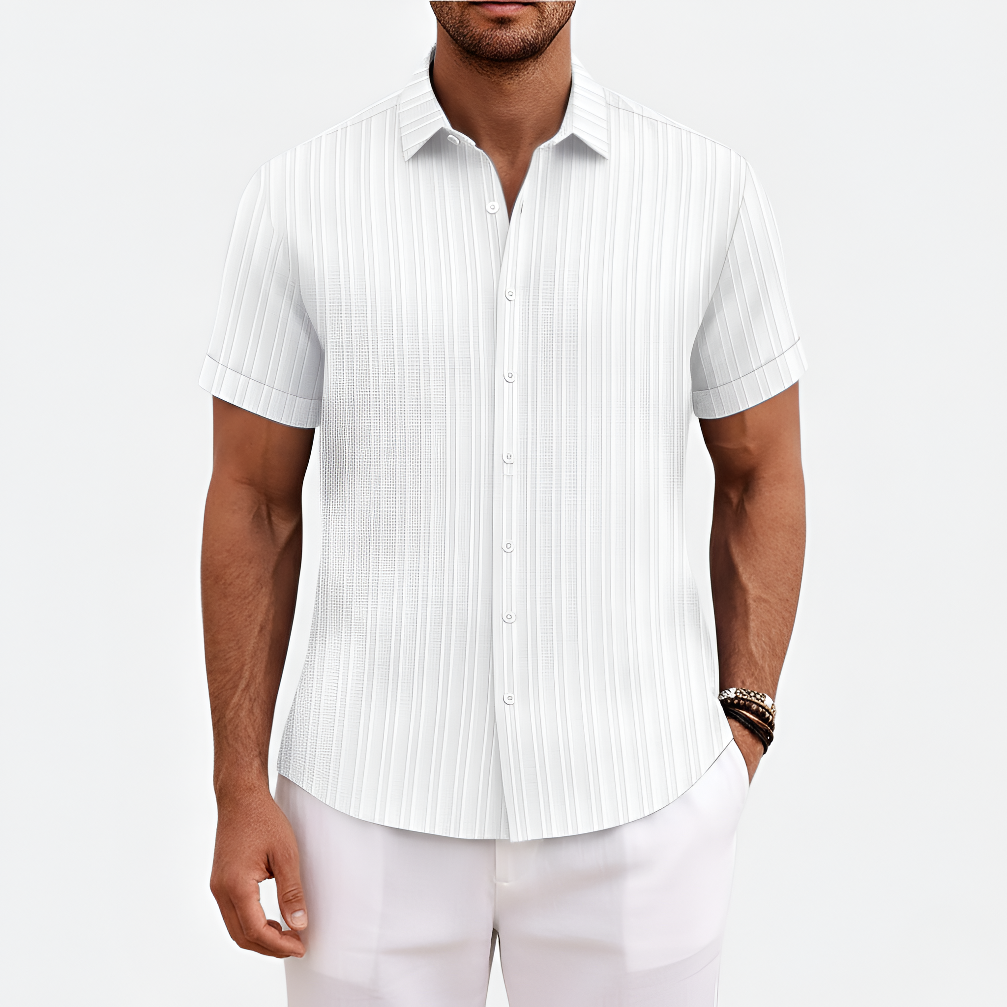 Herreskjorte kortærmet i bomuld med struktur og knaplukning