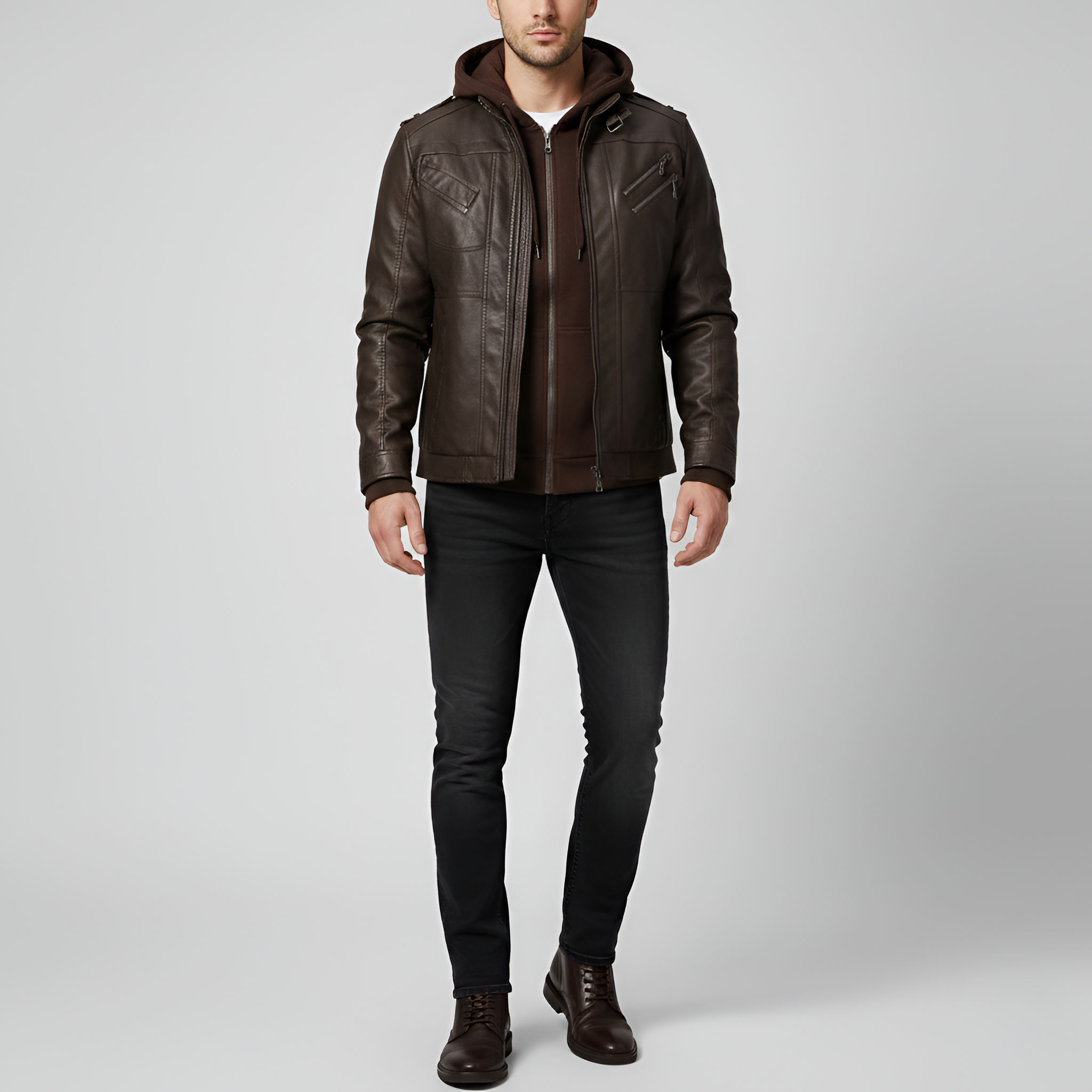 Chaqueta de cuero para hombre Bellivaro con capucha, chaqueta biker forrada con cremallera