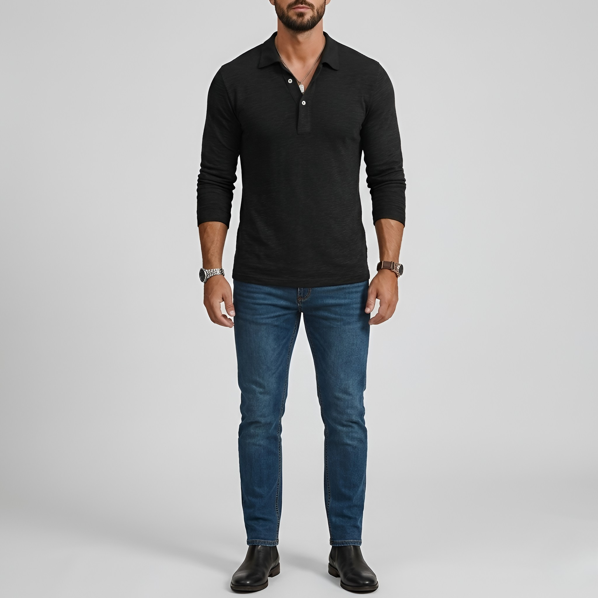 Pánske polo tričko s dlhým rukávom z bavlny s gombíkovým zapínaním, voľný strih polo pre mužov