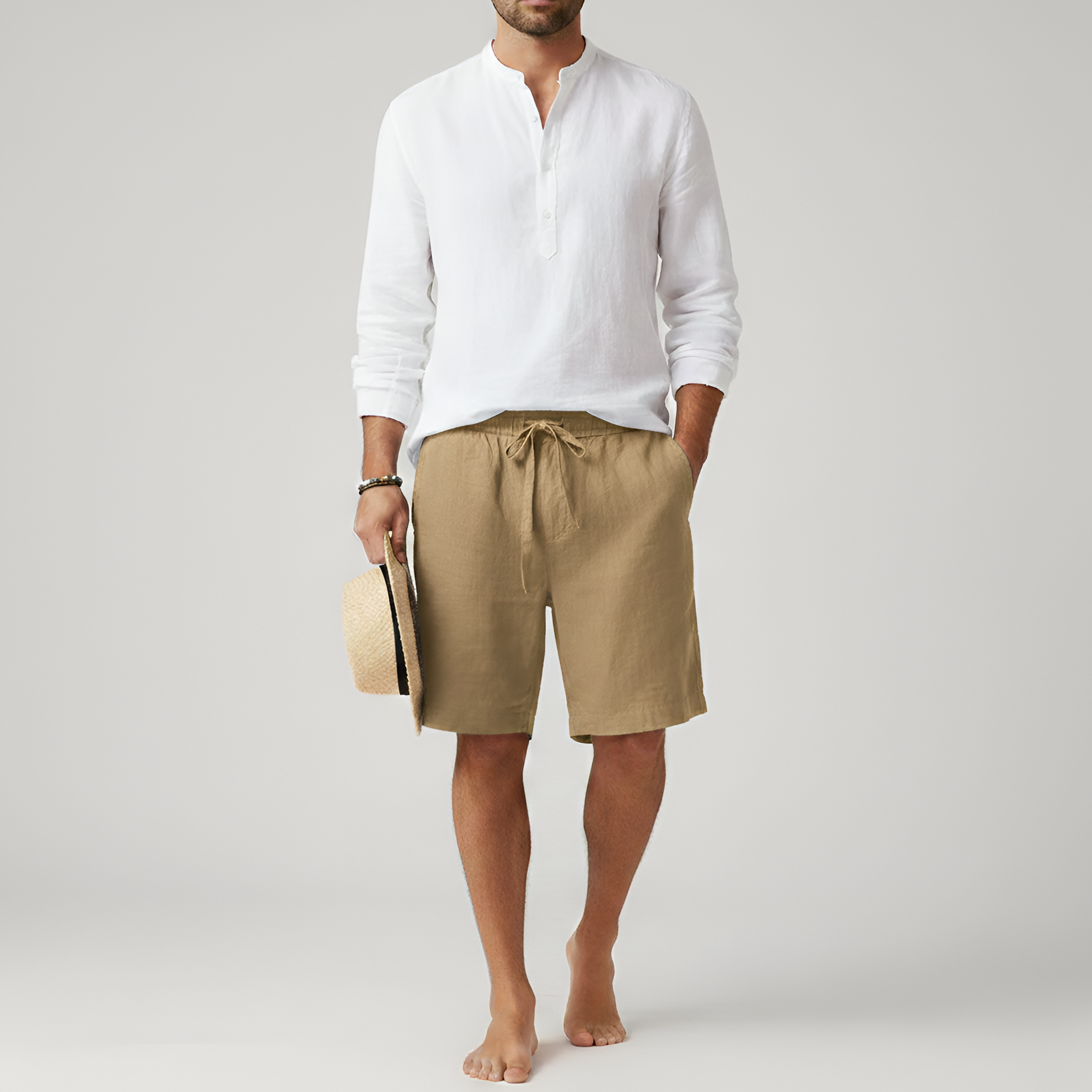 Pantalones cortos de lino para hombre con cintura elástica y cordón para el verano