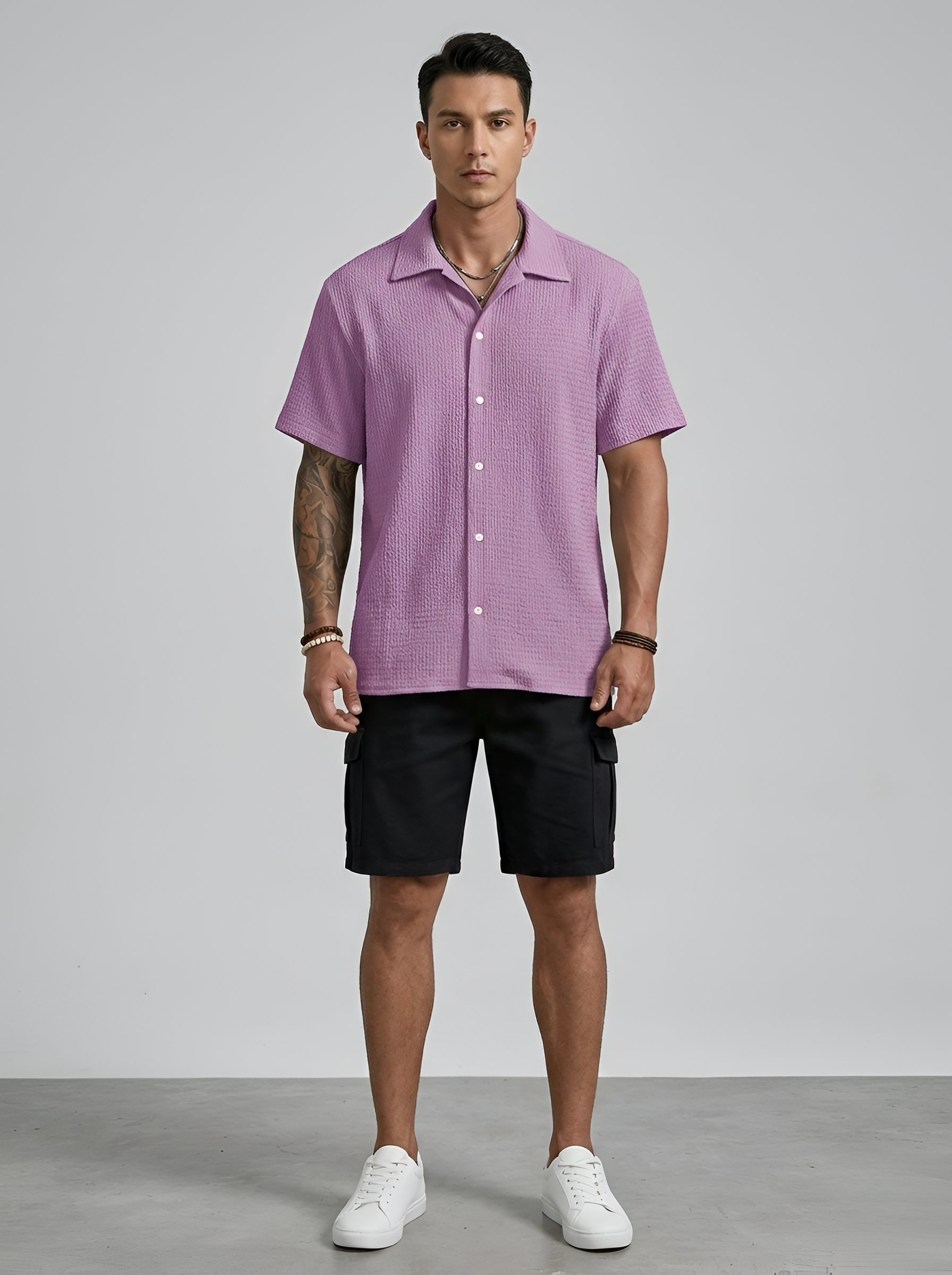 Men's Short-Sleeve Shirt with Eyelet Pattern and Button Closure, Summer Shirt