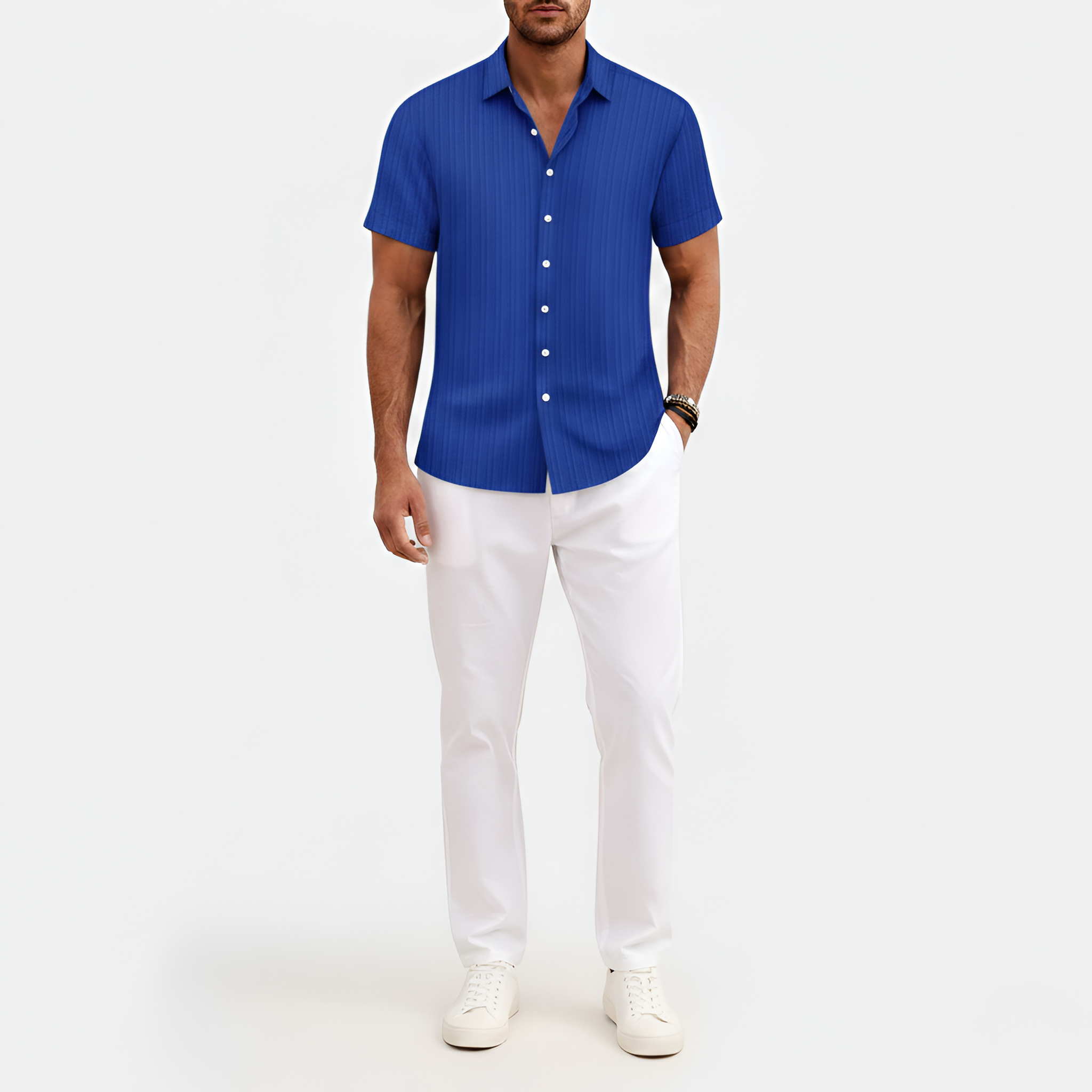 Herreskjorte kortærmet i bomuld med struktur og knaplukning