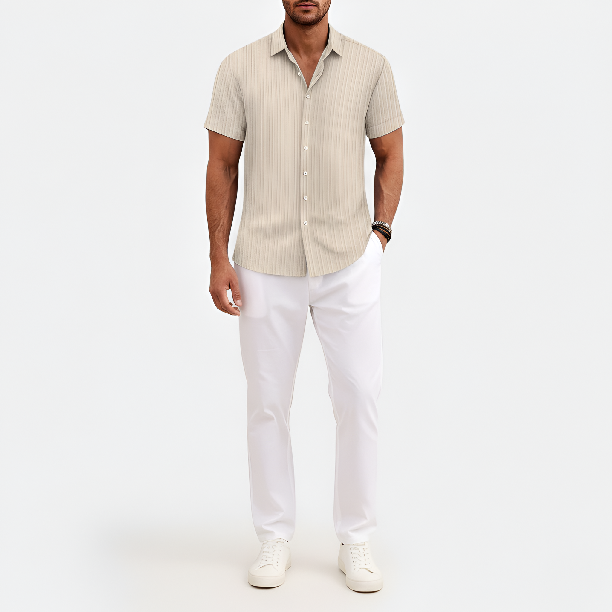 Herreskjorte kortærmet i bomuld med struktur og knaplukning