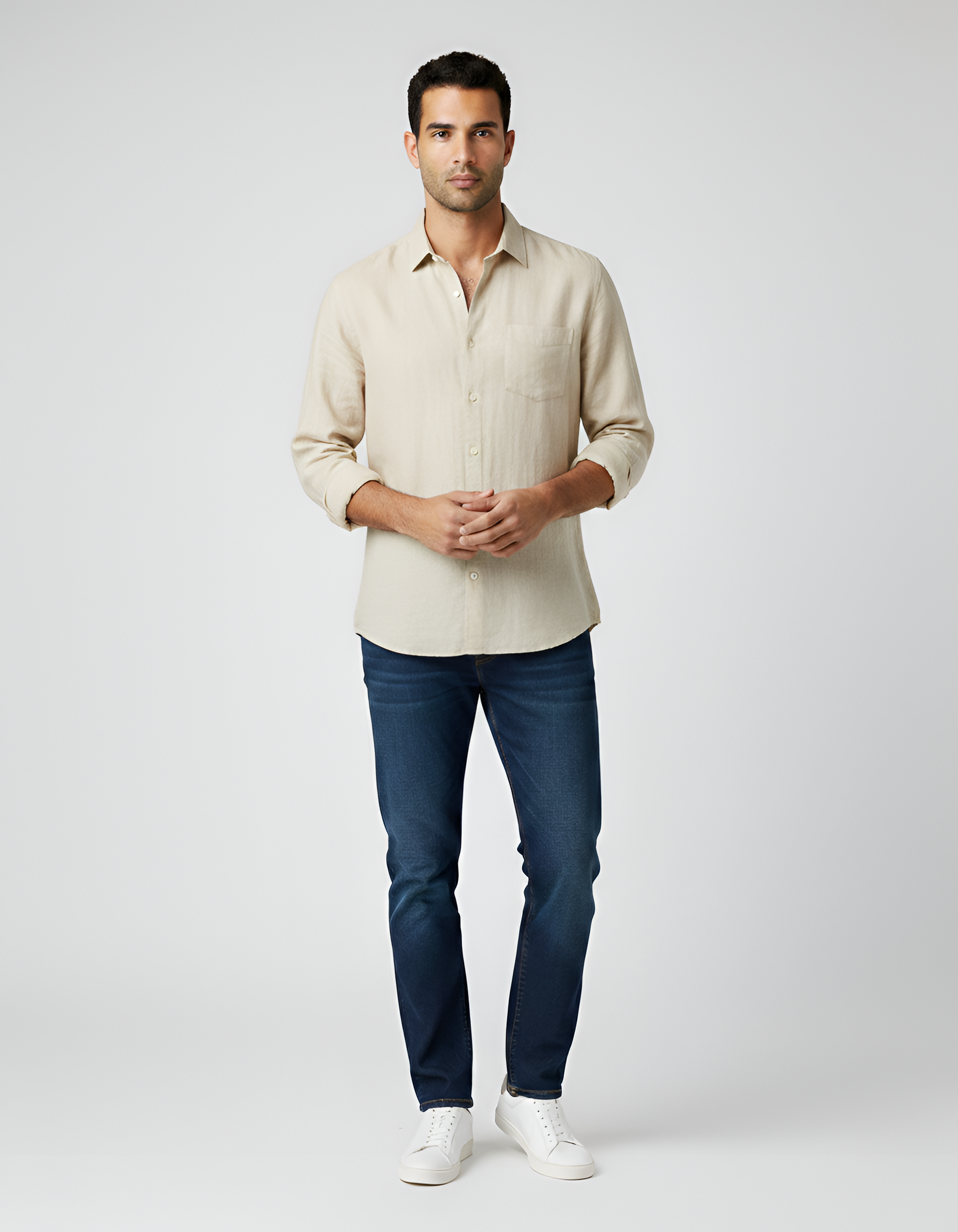 Camisa de lino para hombre con mangas largas y bolsillo en el pecho