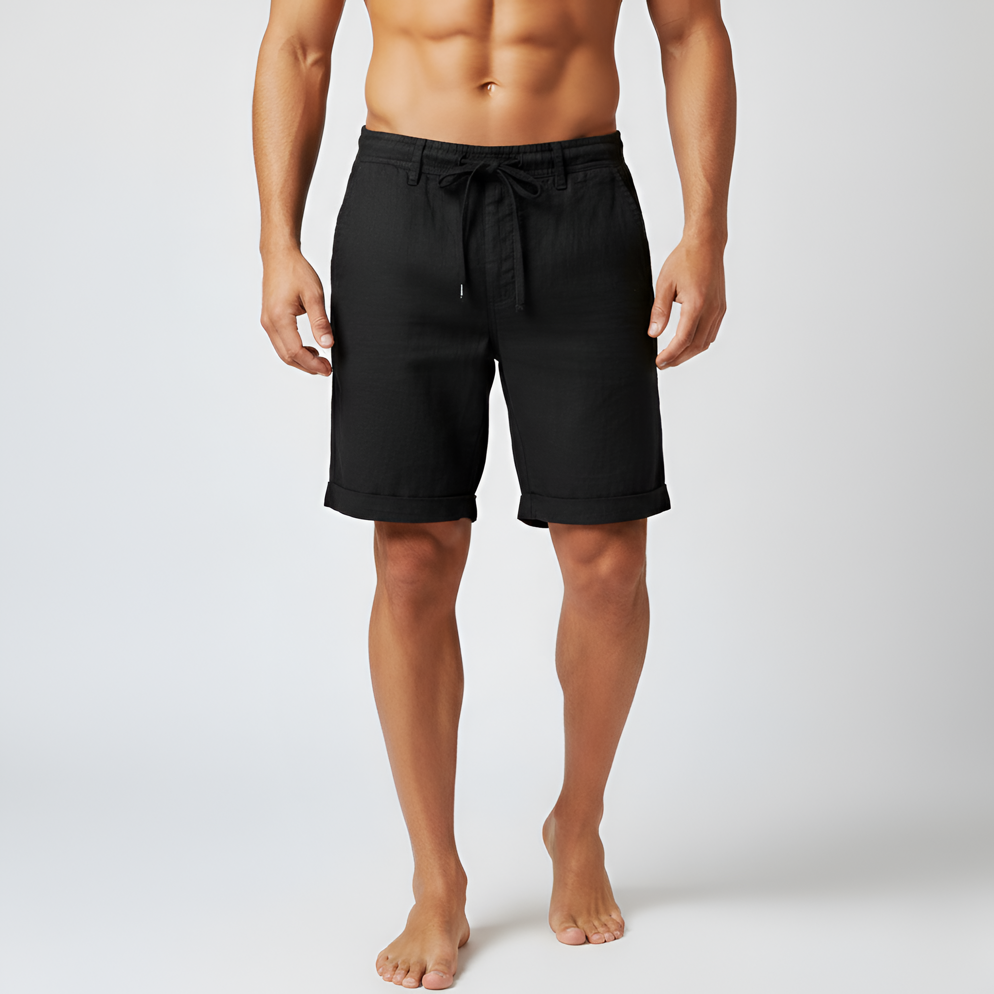 Pantalones cortos de hombre de algodón con cintura elástica y cordón, además de bolsillos laterales