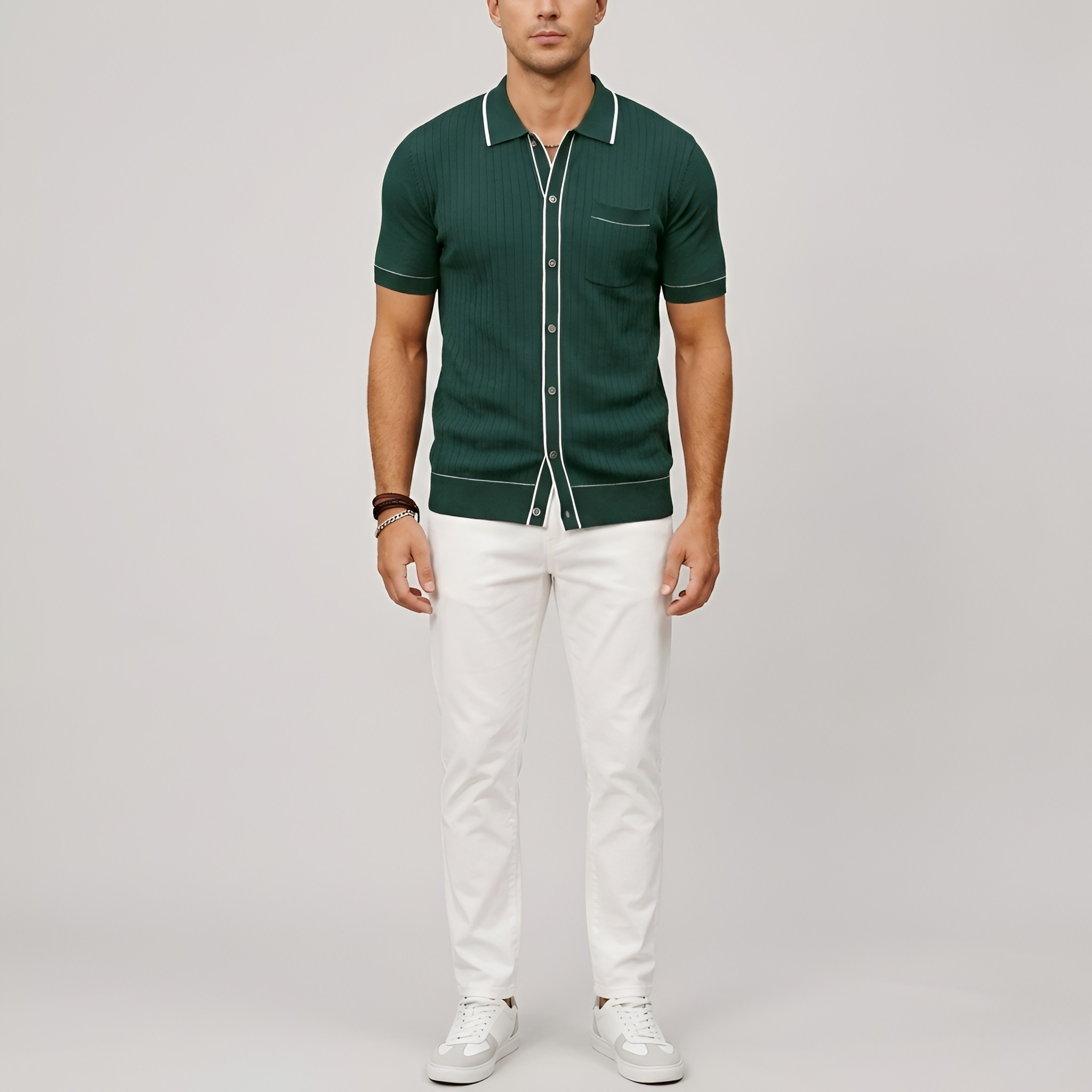 Tricou polo bărbătesc din bumbac reiat cu nasturi și guler de cămașă, mâneci scurte