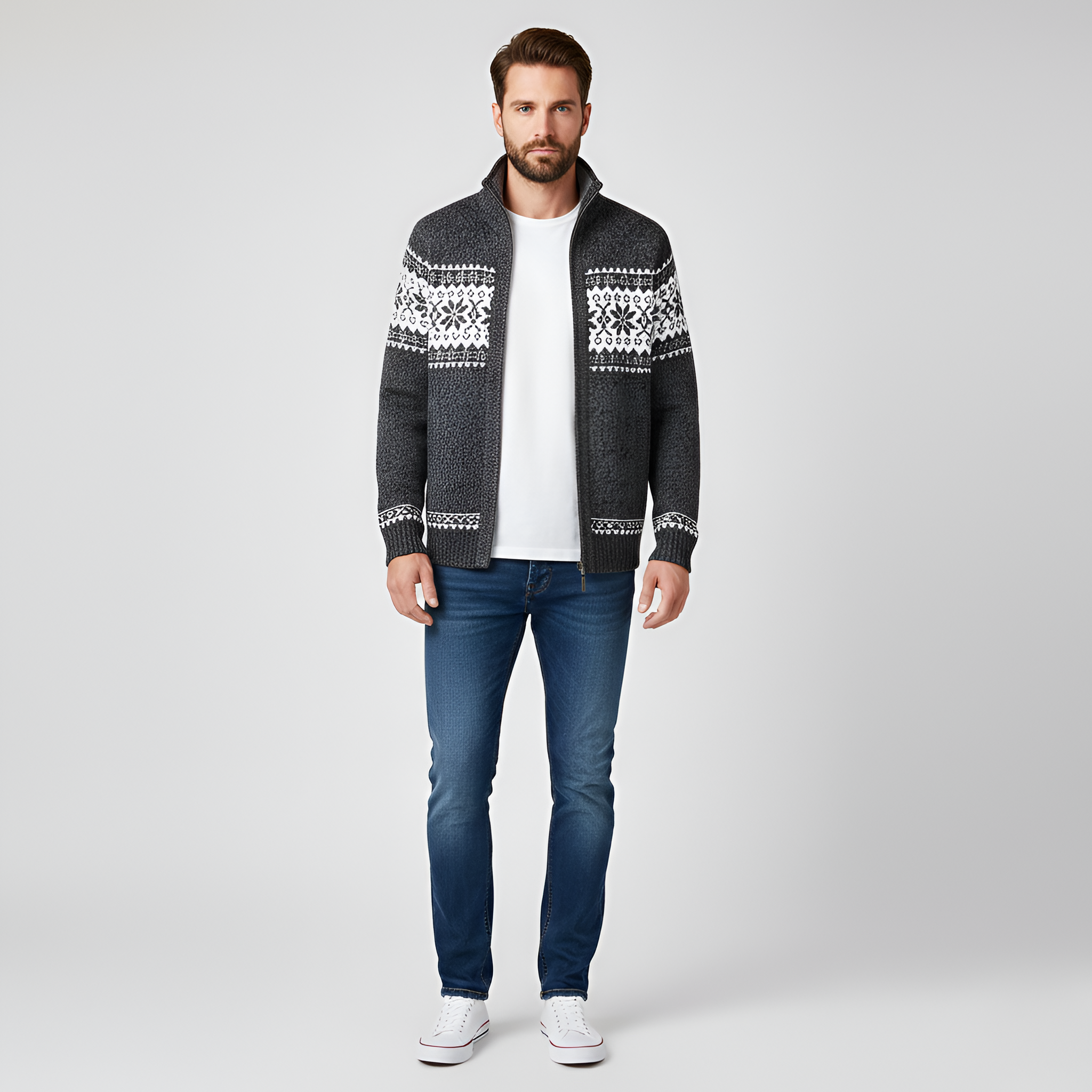 Cardigan tricotat pentru bărbați Bellivaro cu fermoar, din amestec de lână și model nordic