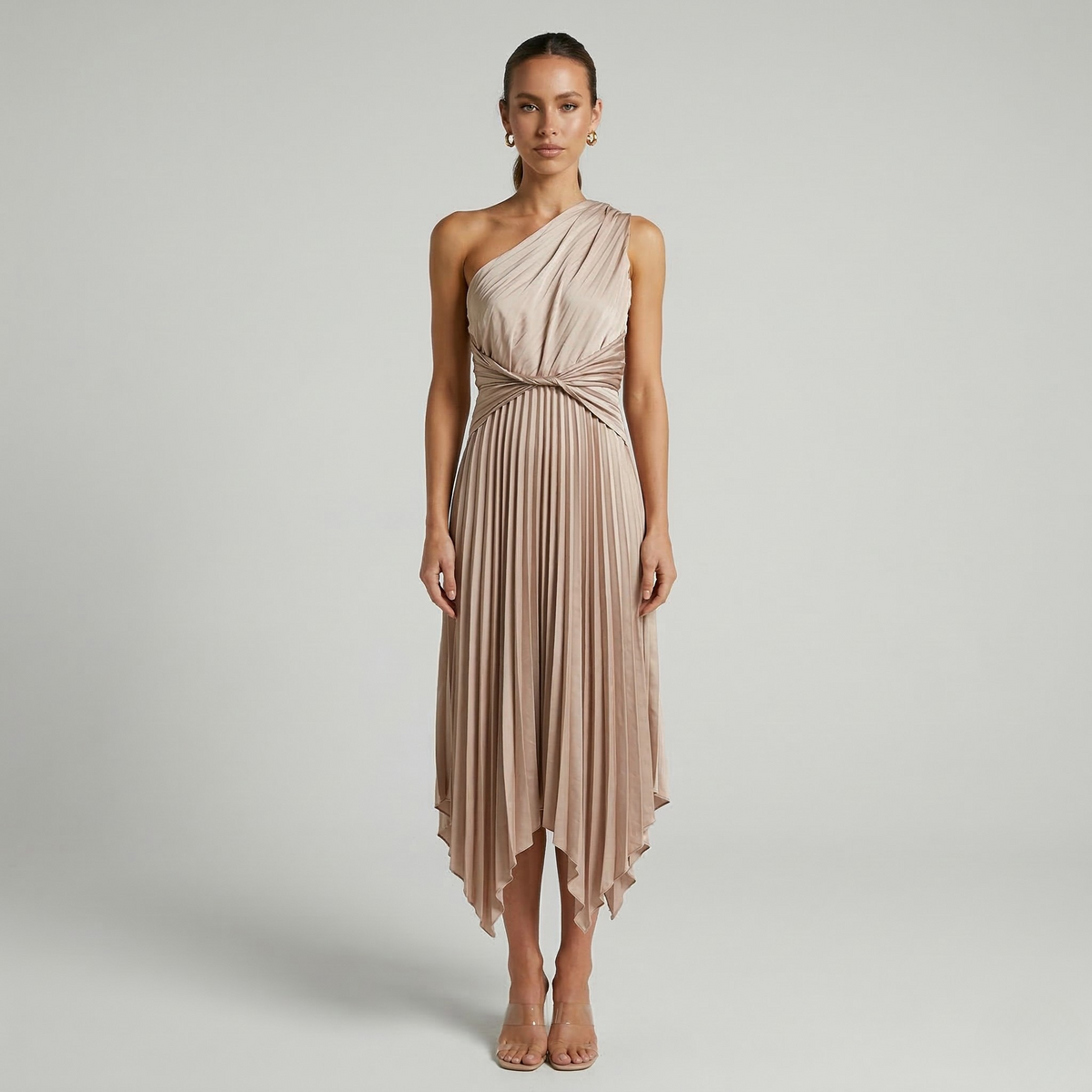 Women's One-Shoulder Midi Dress with Pleated Skirt, Asymmetrical Evening Party Dress
