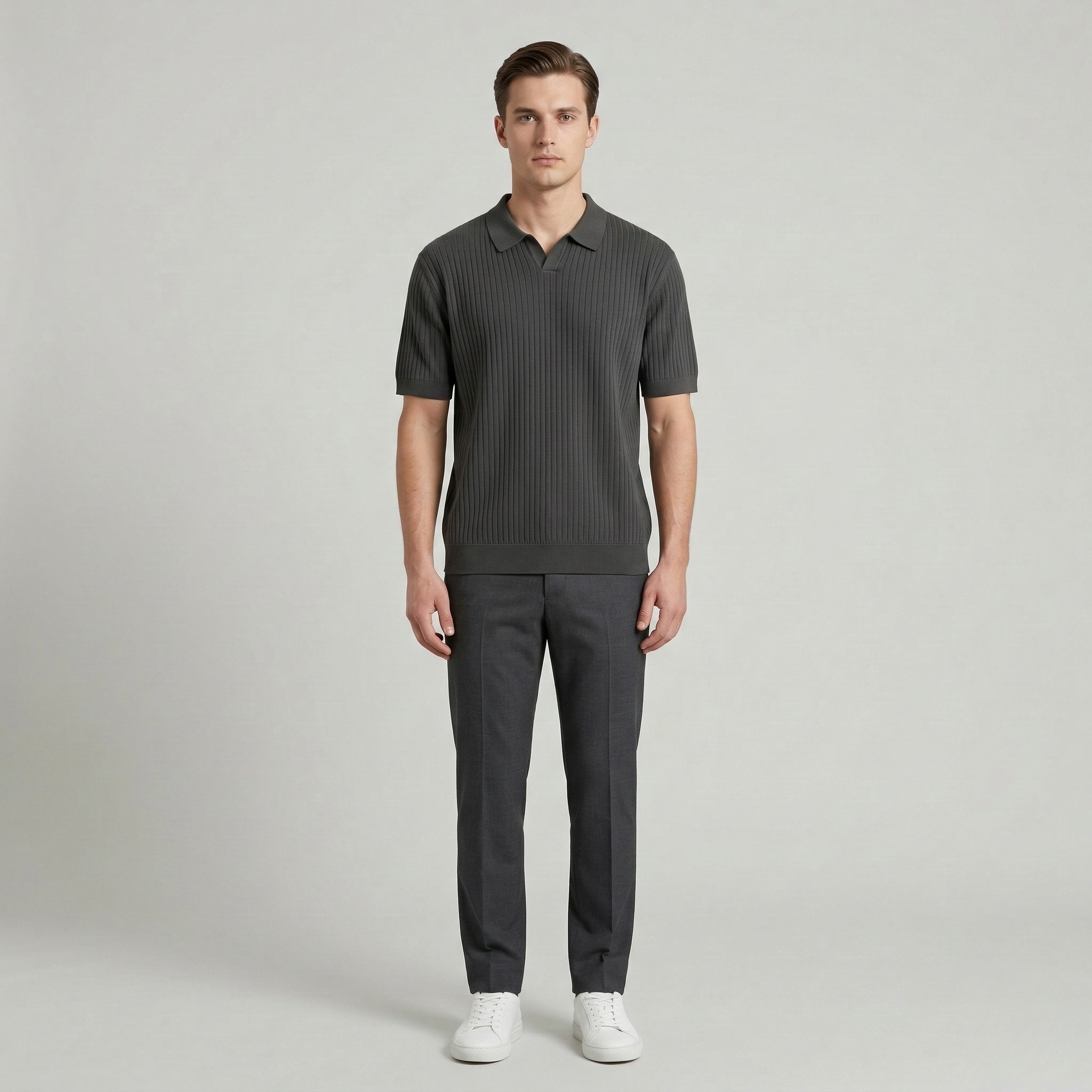 Pánské slim fit žebrované pletené polo tričko s krátkým rukávem, rychleschnoucí, s otevřeným výstřihem, golfový top