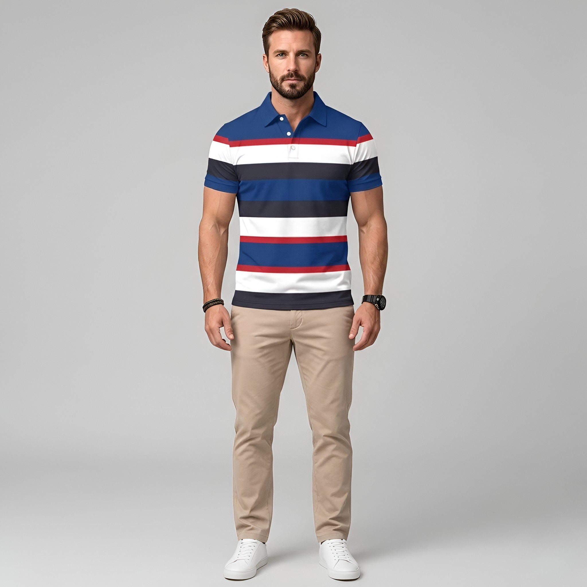 Pánské polo tričko z bavlny s pruhy a límečkem Krátký rukáv polo tričko