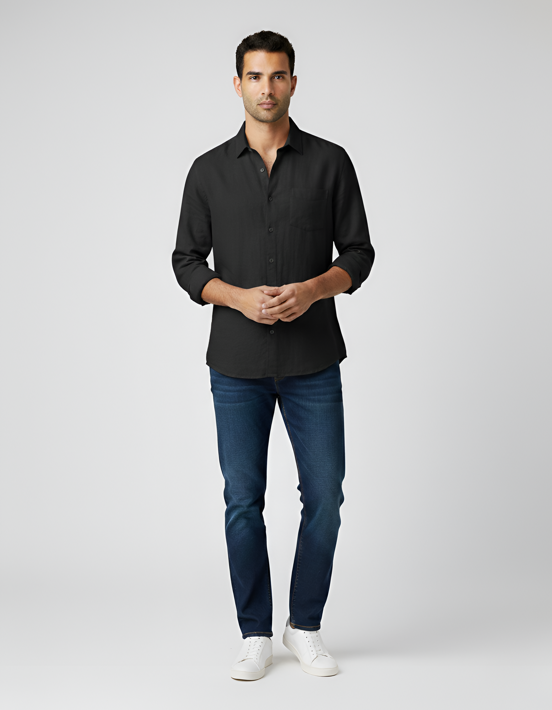 Camisa de lino para hombre con mangas largas y bolsillo en el pecho