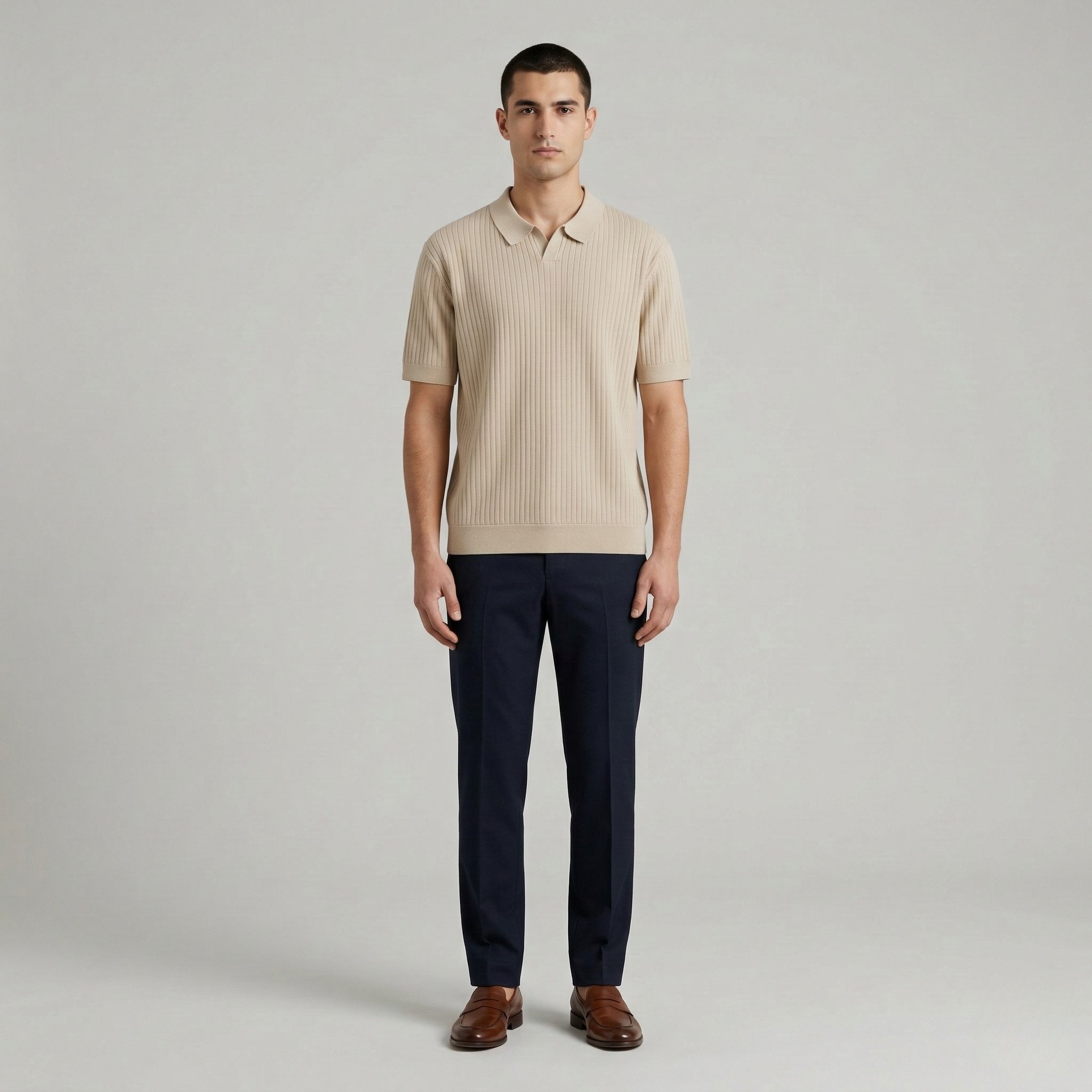 Pánské slim fit žebrované pletené polo tričko s krátkým rukávem, rychleschnoucí, s otevřeným výstřihem, golfový top