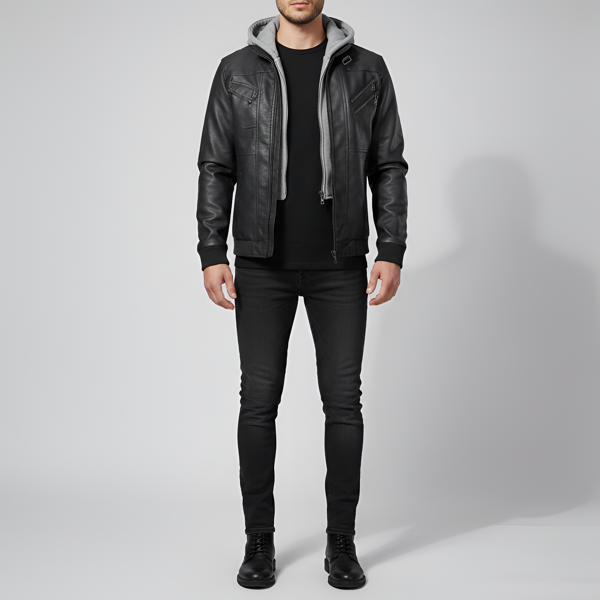 Chaqueta de cuero para hombre Bellivaro con capucha, chaqueta biker forrada con cremallera