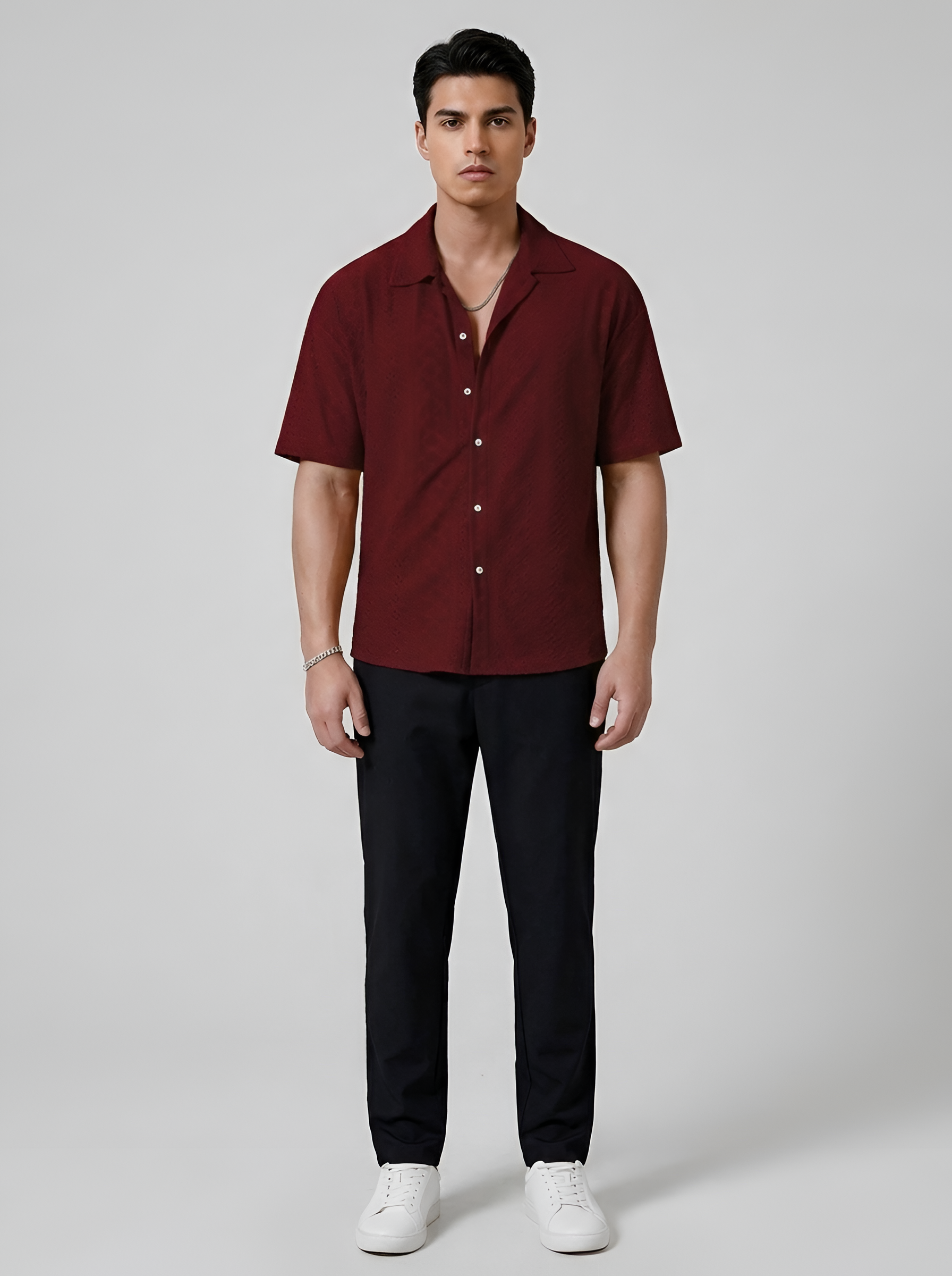 Men's Short-Sleeve Shirt with Eyelet Pattern and Button Closure, Summer Shirt