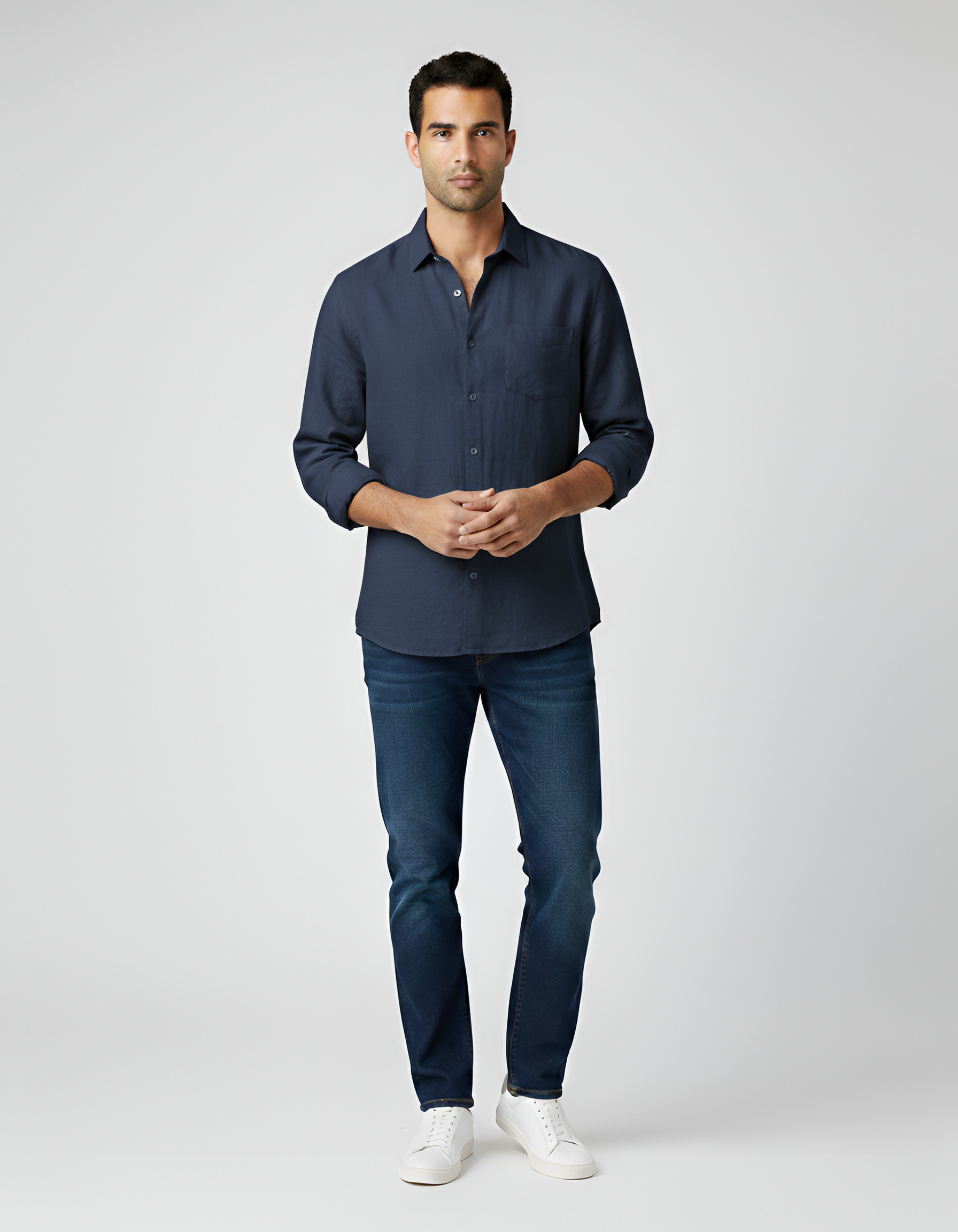 Camisa de lino para hombre con mangas largas y bolsillo en el pecho