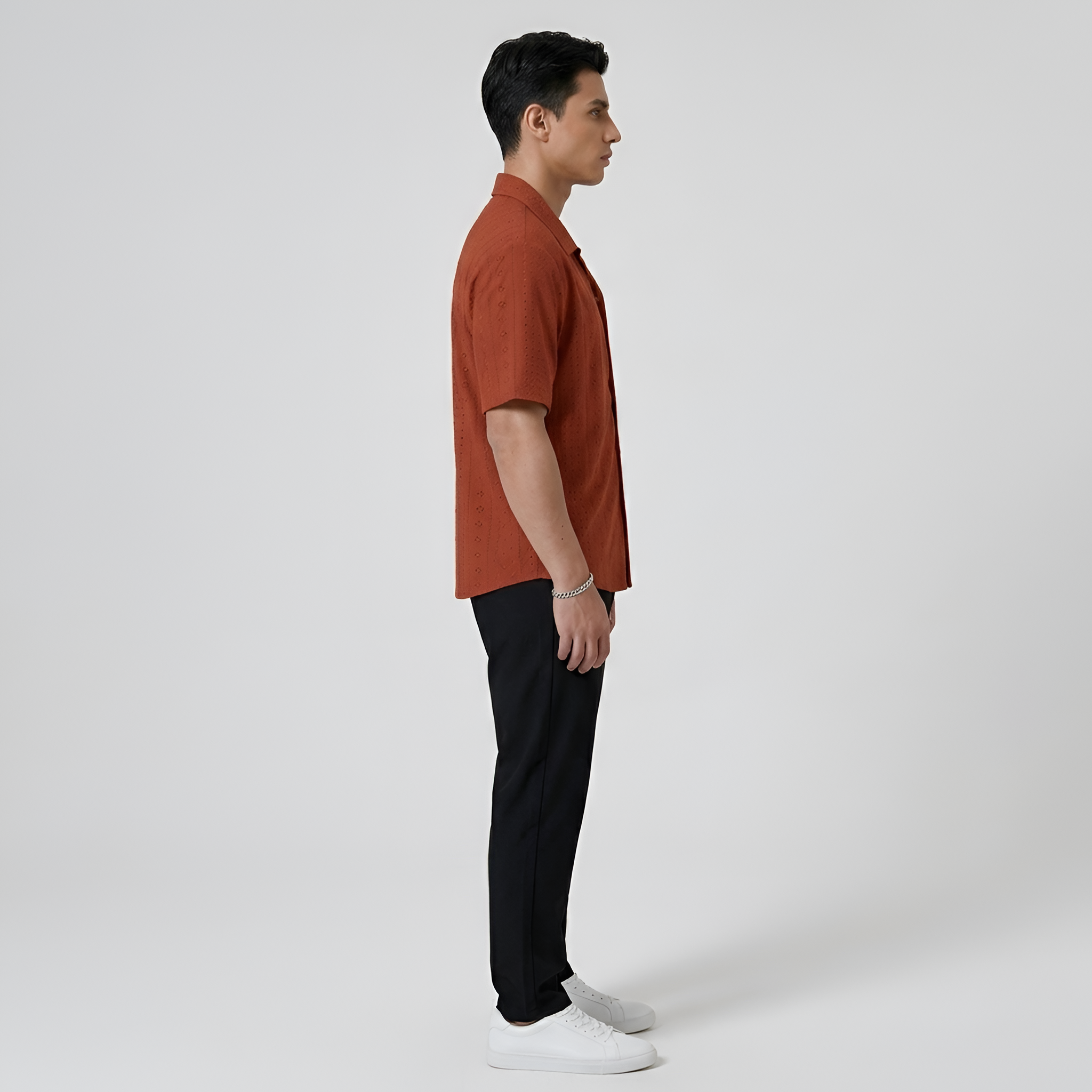 Men's Short-Sleeve Shirt with Eyelet Pattern and Button Closure, Summer Shirt