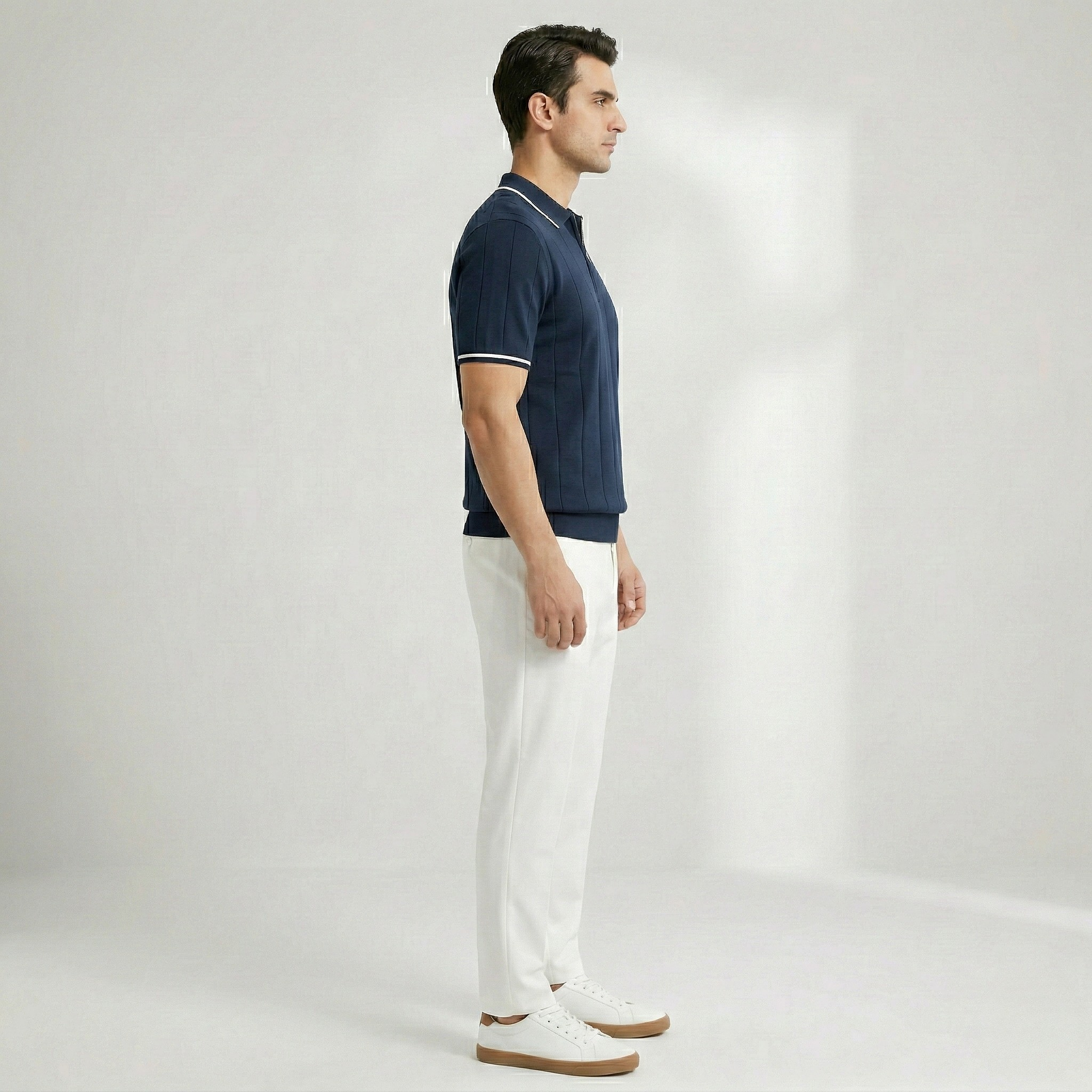 Pánske polokošeľa s krátkymi rukávmi, zipsom a klasickým golierom, úzky strih