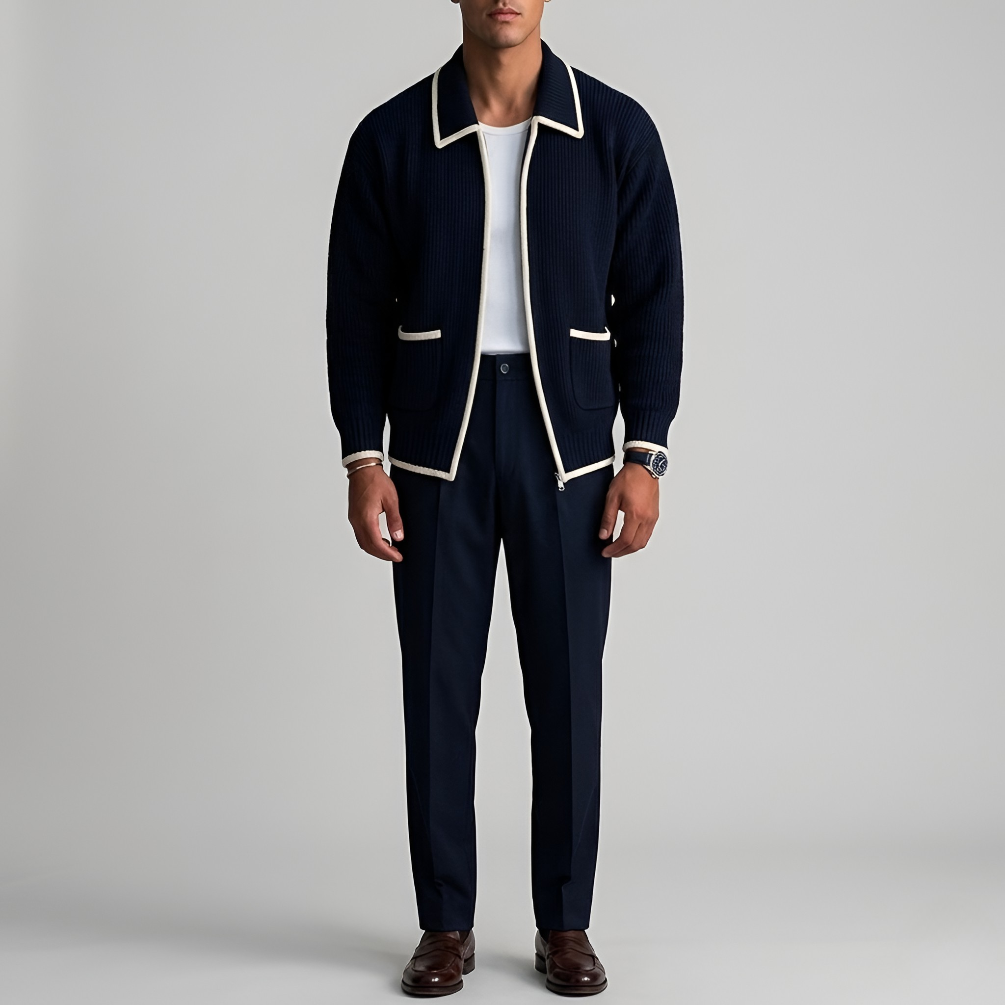 Pánsky bavlnený pletený kardigán so zipsom a vreckami, voľný strih