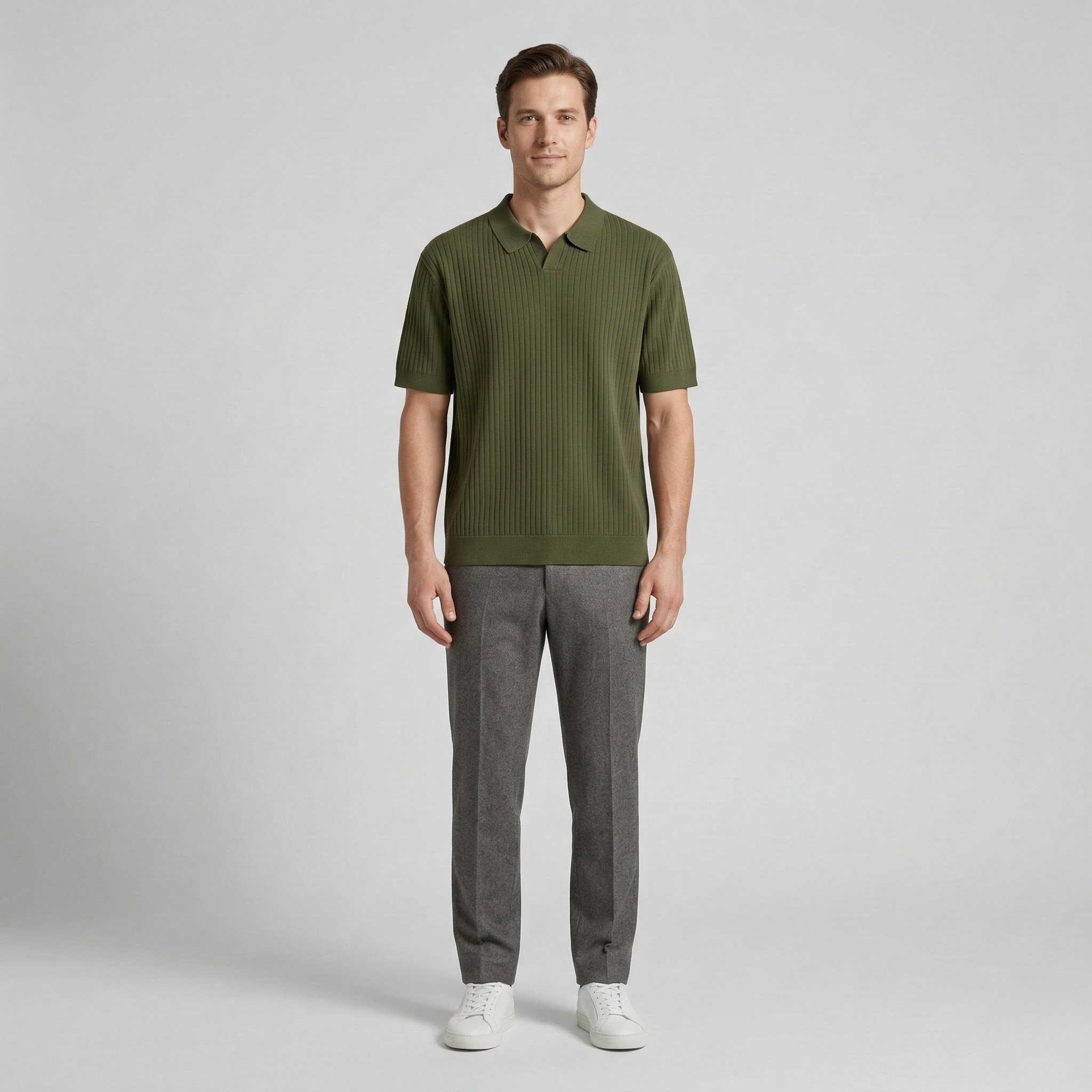 Pánské slim fit žebrované pletené polo tričko s krátkým rukávem, rychleschnoucí, s otevřeným výstřihem, golfový top