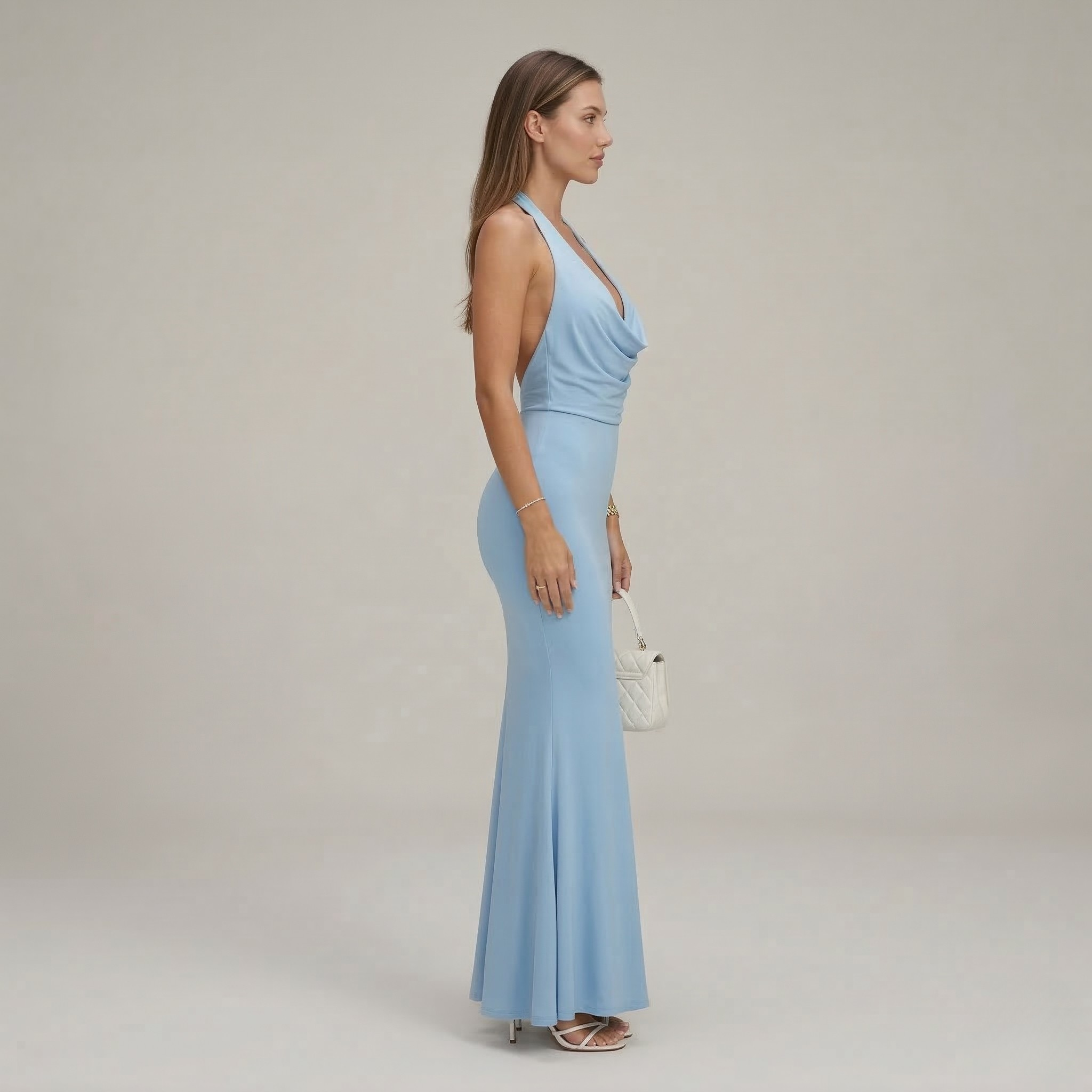 Dámské maxi šaty s halter krkem, elegantní společenské šaty na večer a společenské události