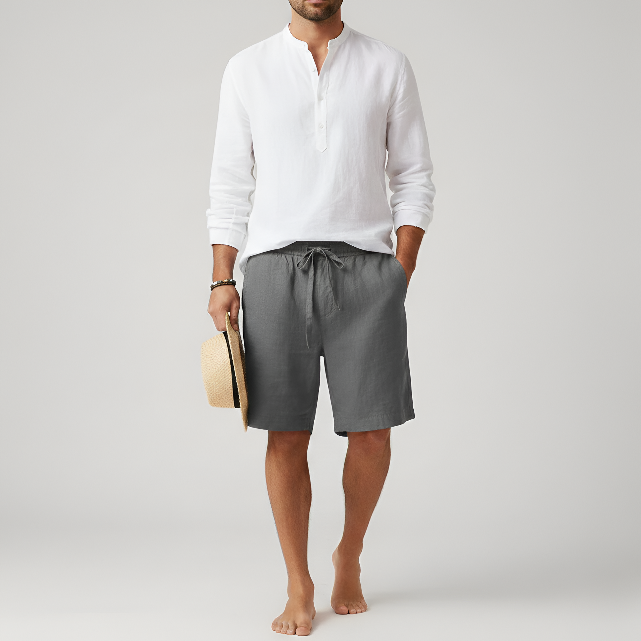 Pantalones cortos de lino para hombre con cintura elástica y cordón para el verano