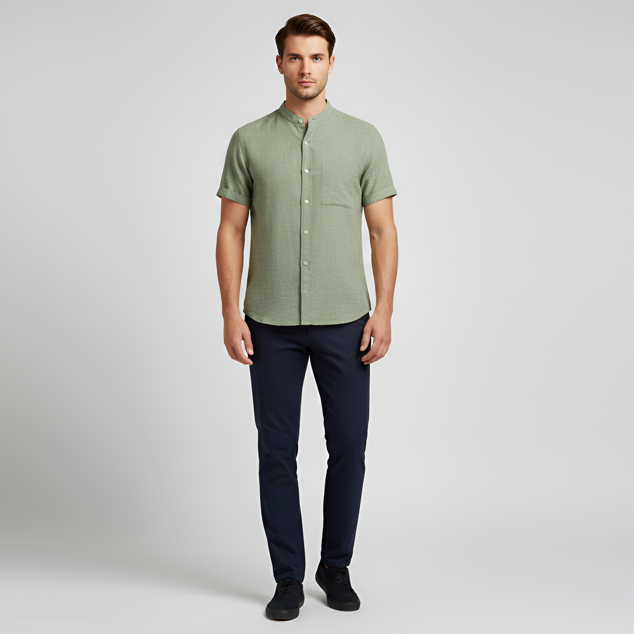 Camisa de lino para hombre de manga corta con botones y bolsillo en el pecho