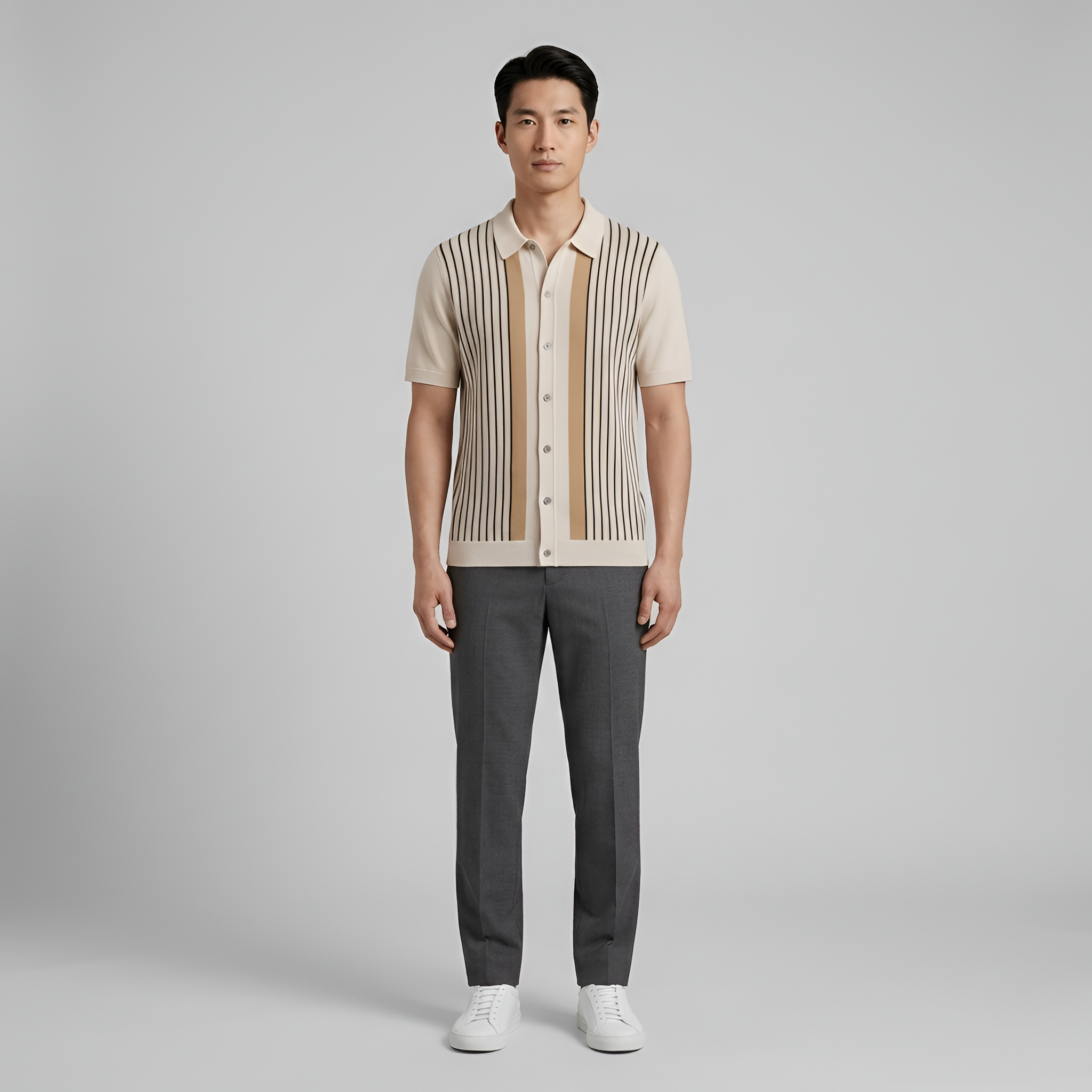 Tricou Polo Bărbați Tricotat cu Mâneci Scurte, Dungi, cu Nasturi, Respirabil, Retro, Casual