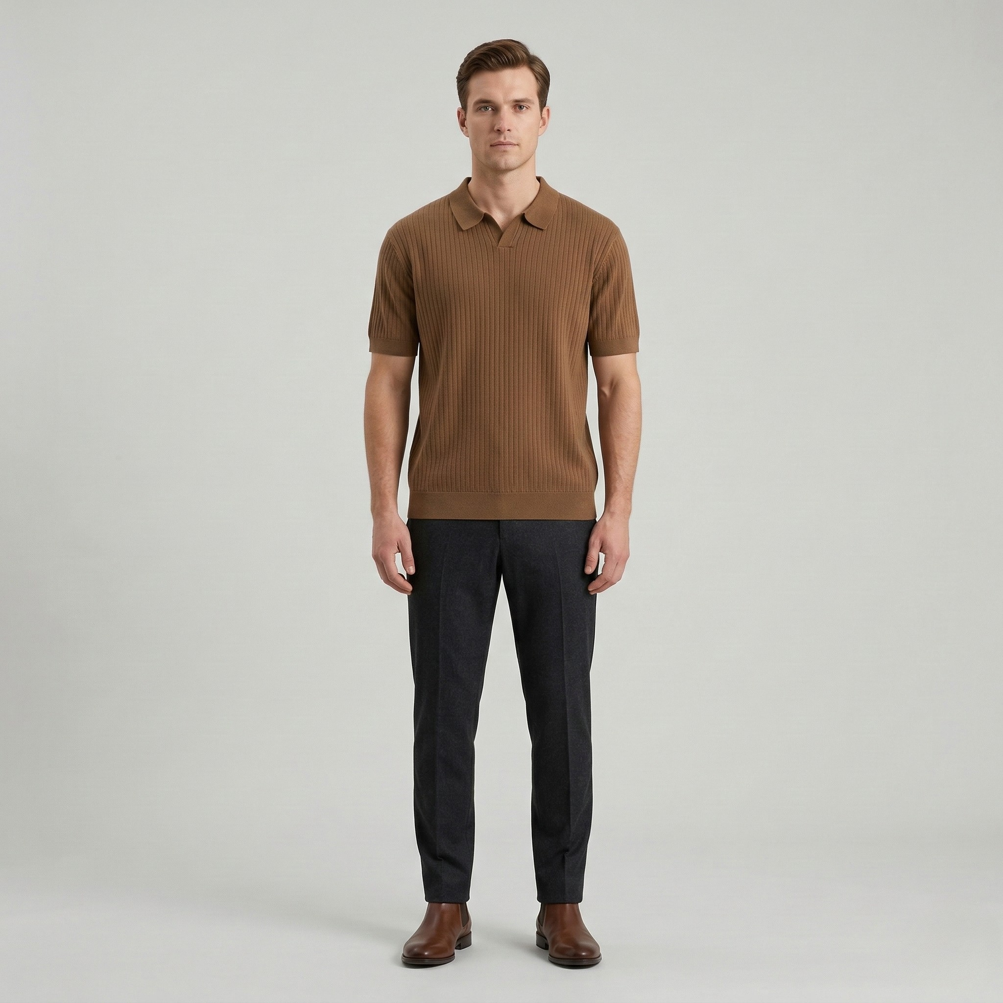 Pánské slim fit žebrované pletené polo tričko s krátkým rukávem, rychleschnoucí, s otevřeným výstřihem, golfový top