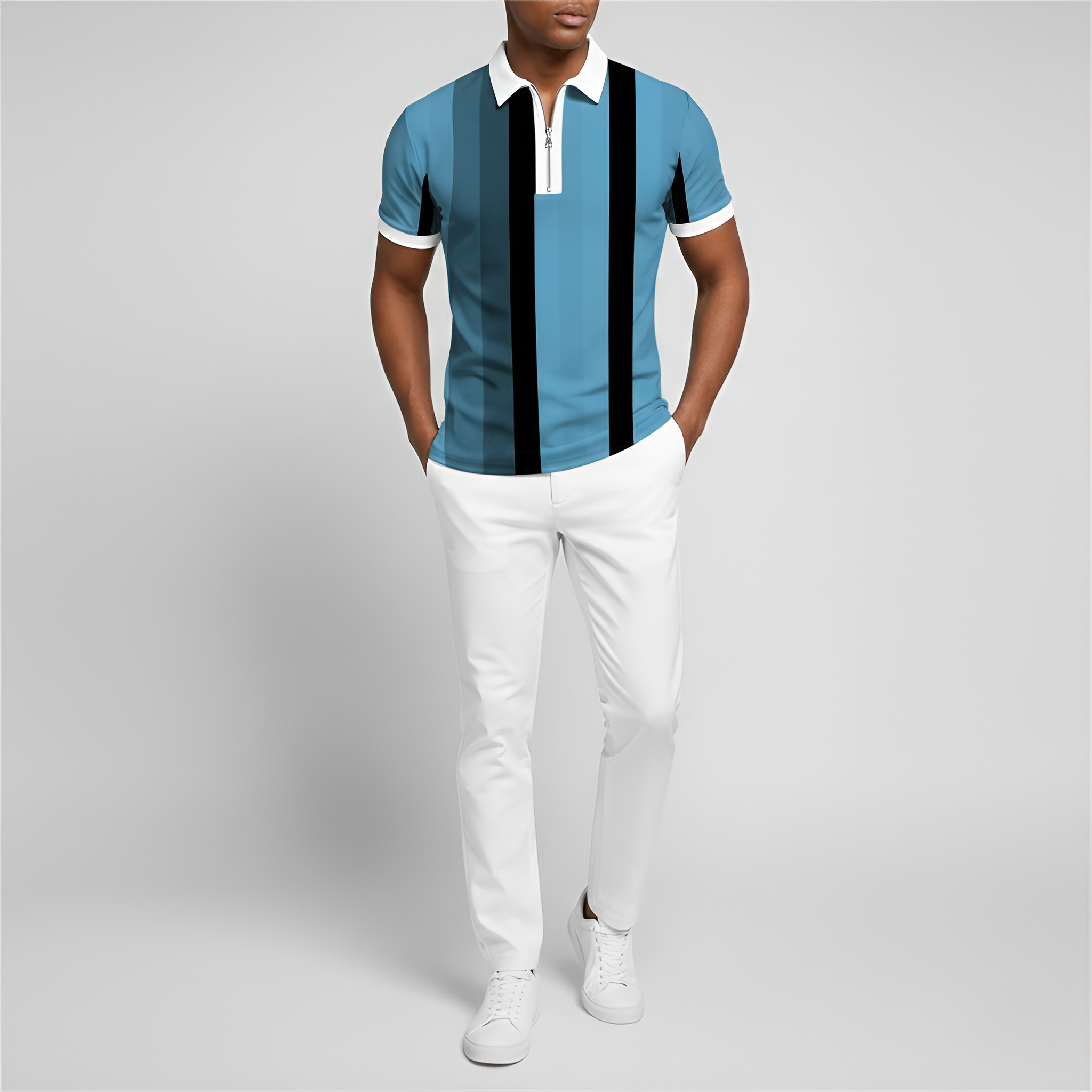 Pánske polokošeľa s krátkym rukávom a zipsom – priliehavá polokošeľa s pruhmi
