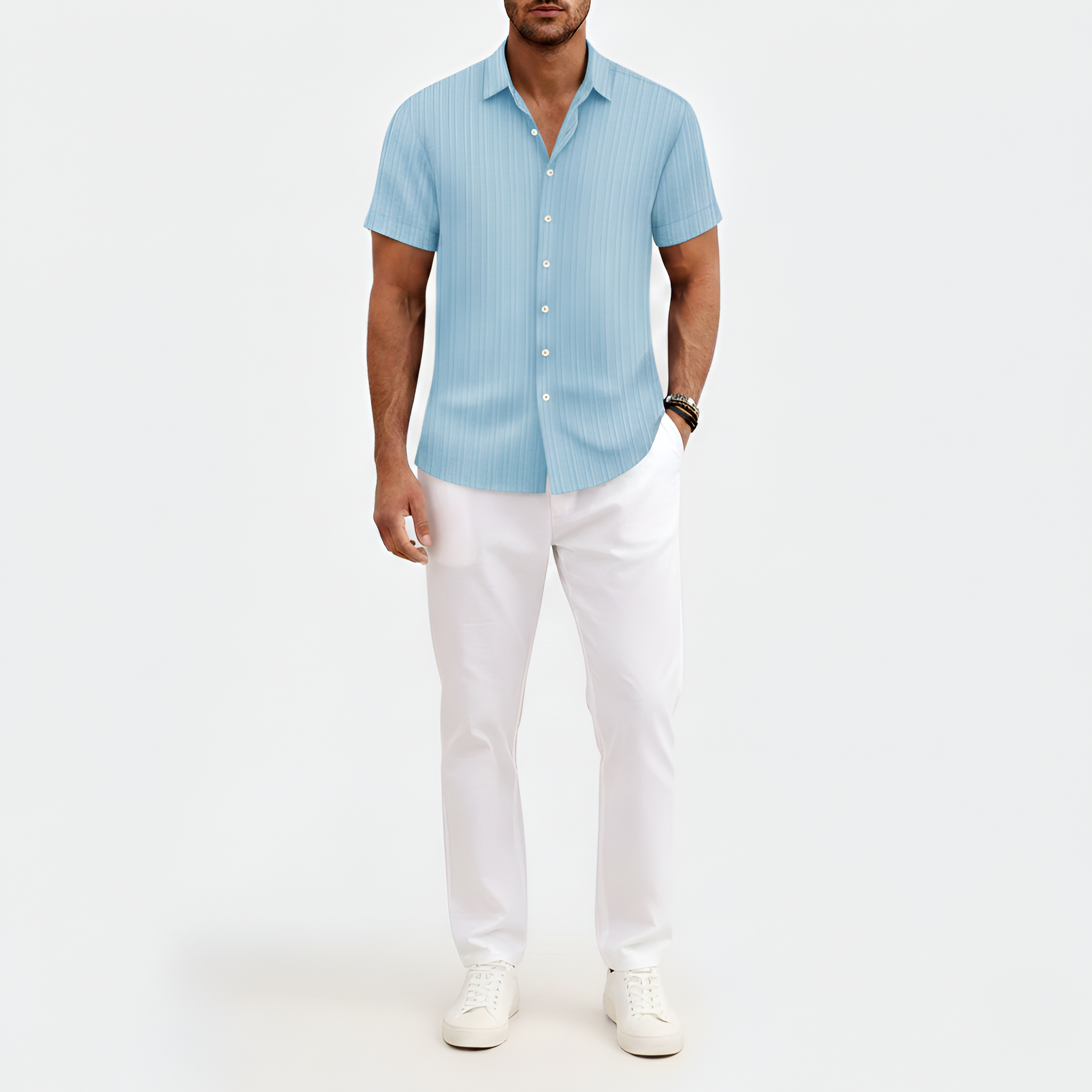 Herreskjorte kortærmet i bomuld med struktur og knaplukning