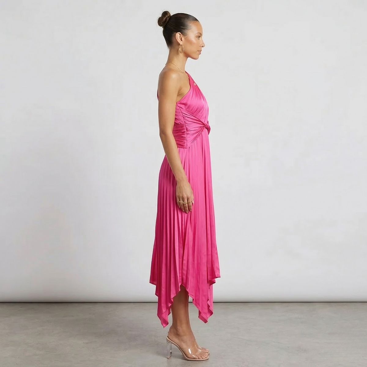 Women's One-Shoulder Midi Dress with Pleated Skirt, Asymmetrical Evening Party Dress