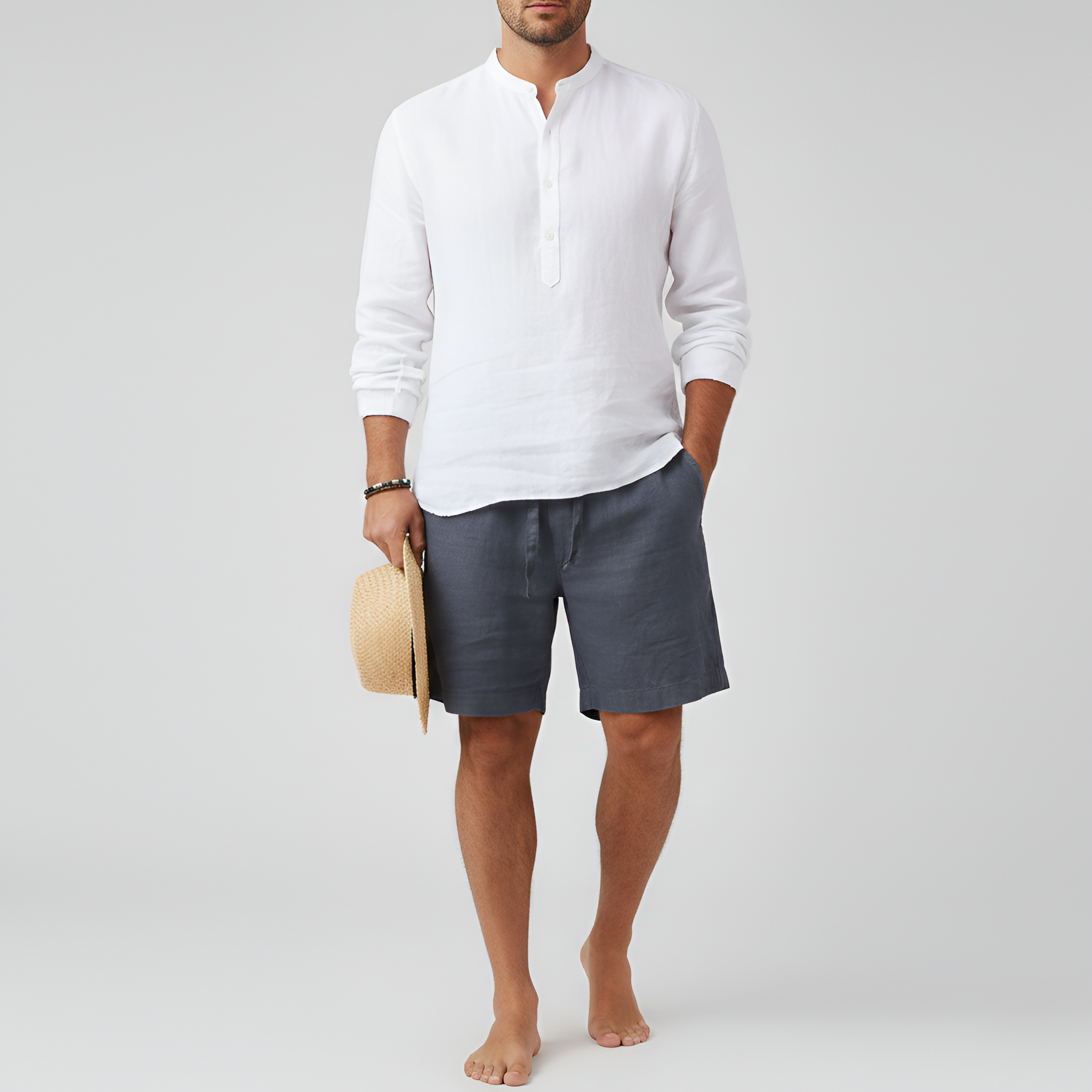 Pantalones cortos de lino para hombre con cintura elástica y cordón para el verano