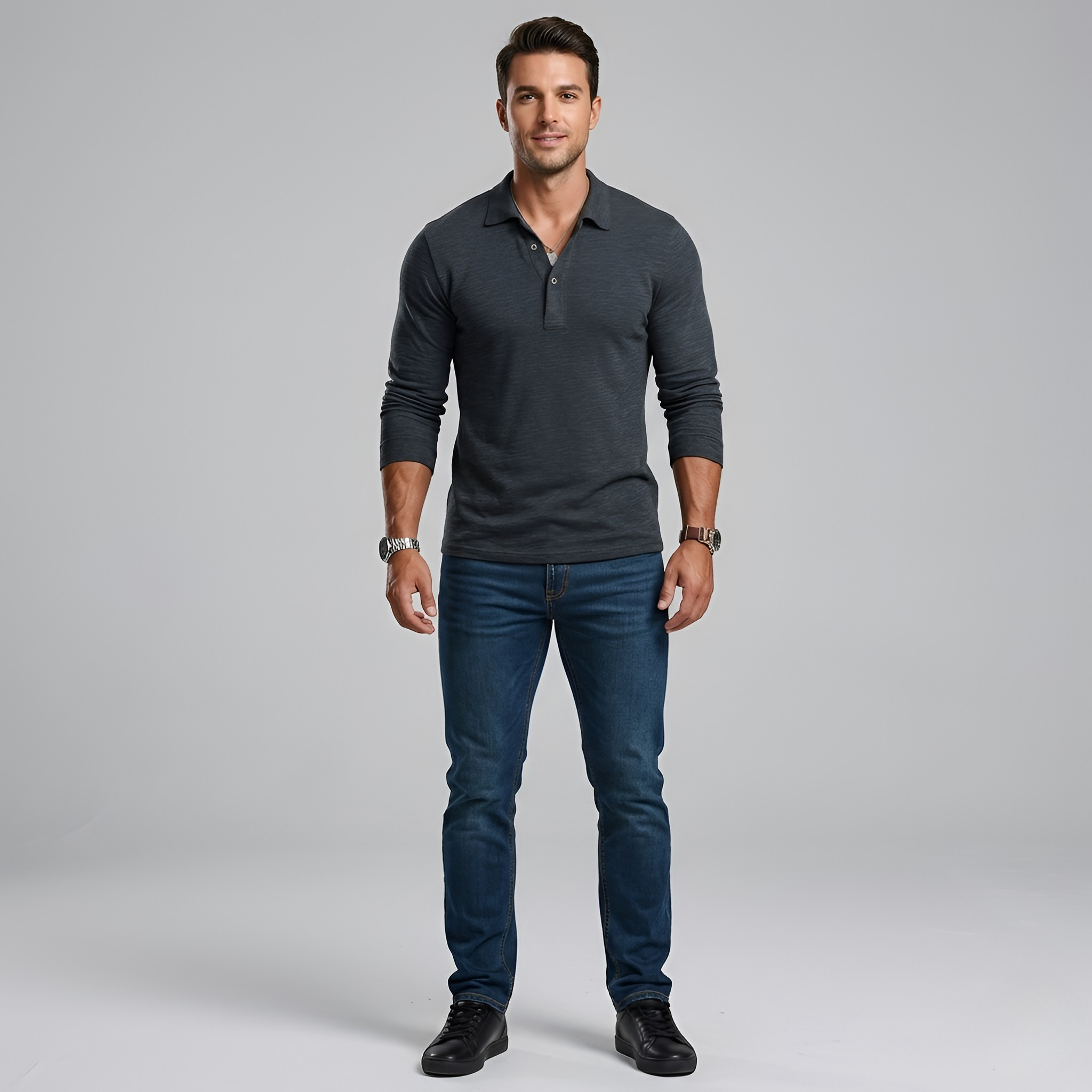 Pánske polo tričko s dlhým rukávom z bavlny s gombíkovým zapínaním, voľný strih polo pre mužov