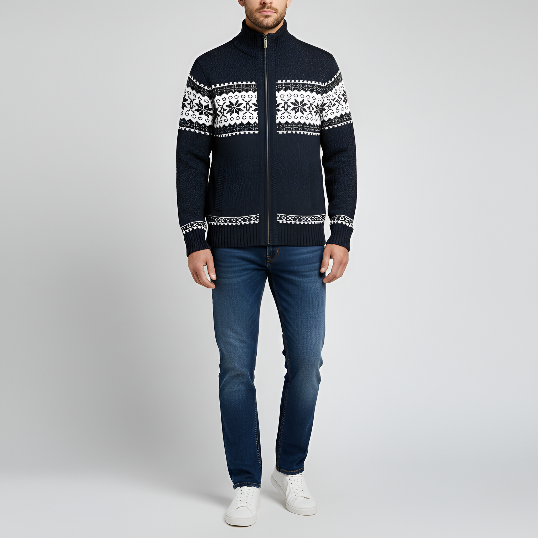 Cardigan tricotat pentru bărbați Bellivaro cu fermoar, din amestec de lână și model nordic