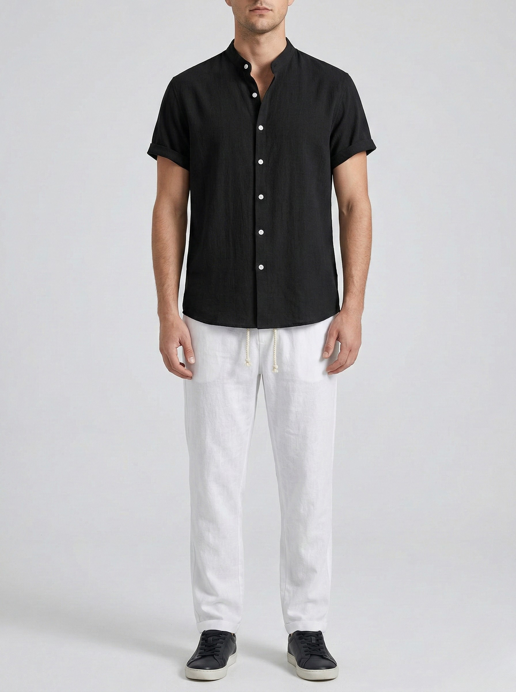 Set pentru bărbați cu cămașă cu mânecă scurtă și pantaloni din bumbac, croială lejeră