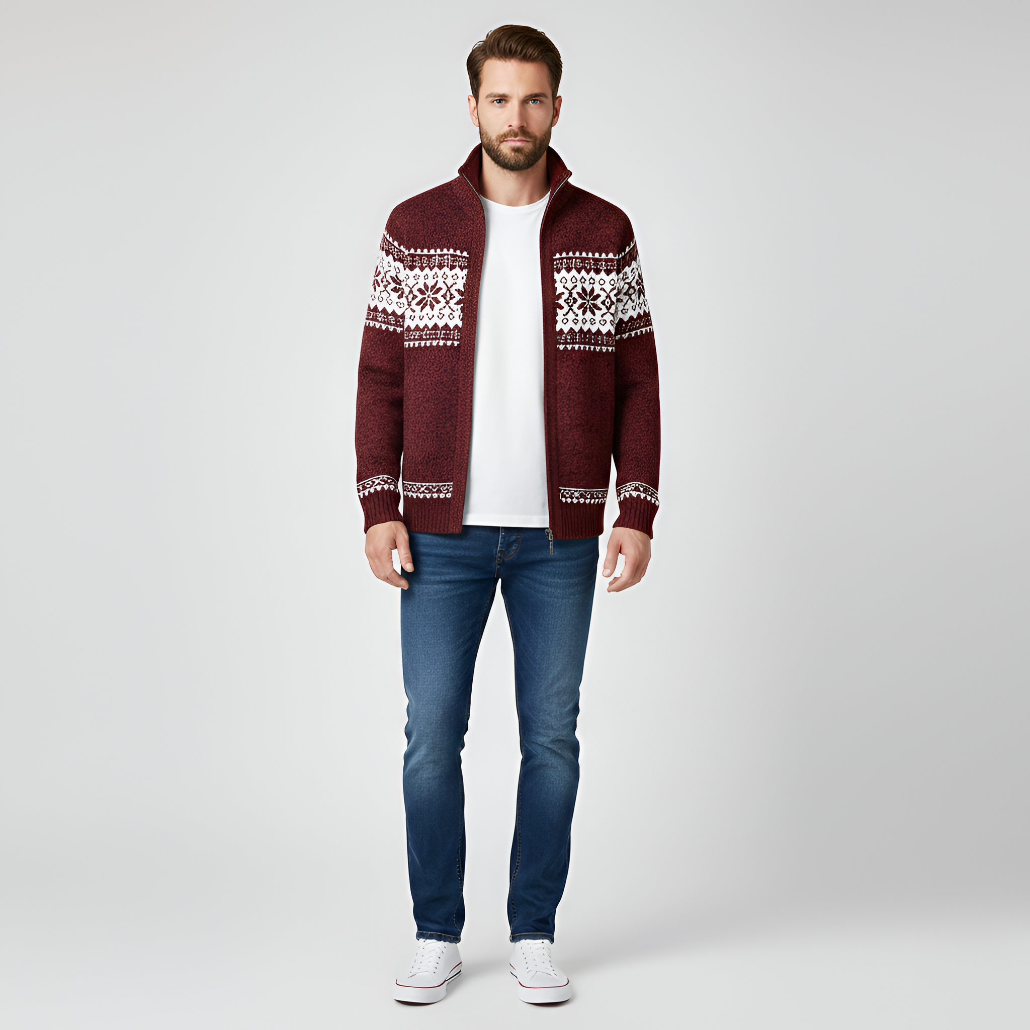 Cardigan tricotat pentru bărbați Bellivaro cu fermoar, din amestec de lână și model nordic