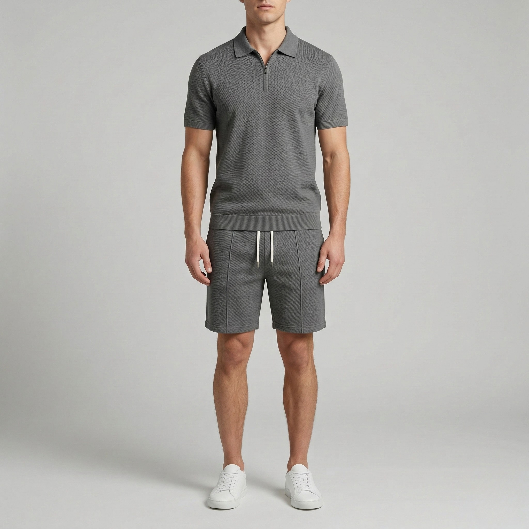 Pánska polokošeľa so štvrťovým zipsom a šortky so sťahovacou šnúrkou Dvojdielna súprava na voľný čas