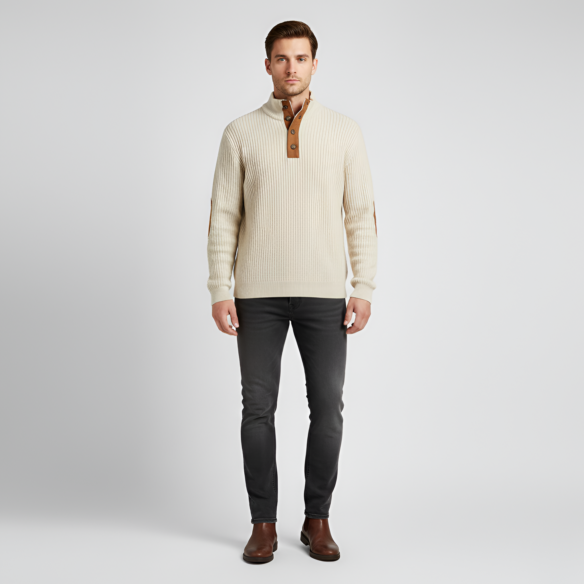 Bellivaro men's wool knit sweater with button collar rib knit classic fit
