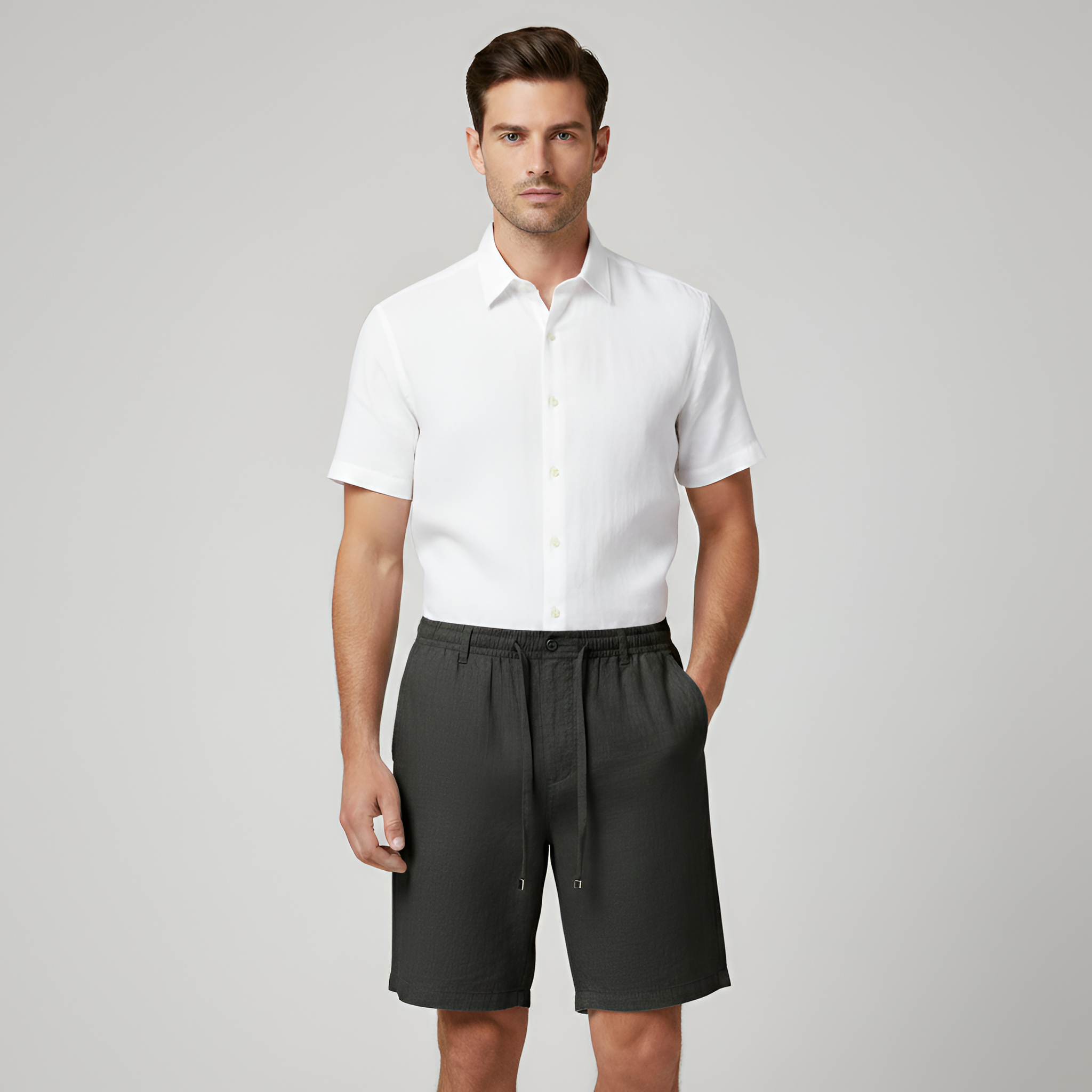 Pantalones cortos de lino para hombre para el verano con cintura elástica y bolsillos