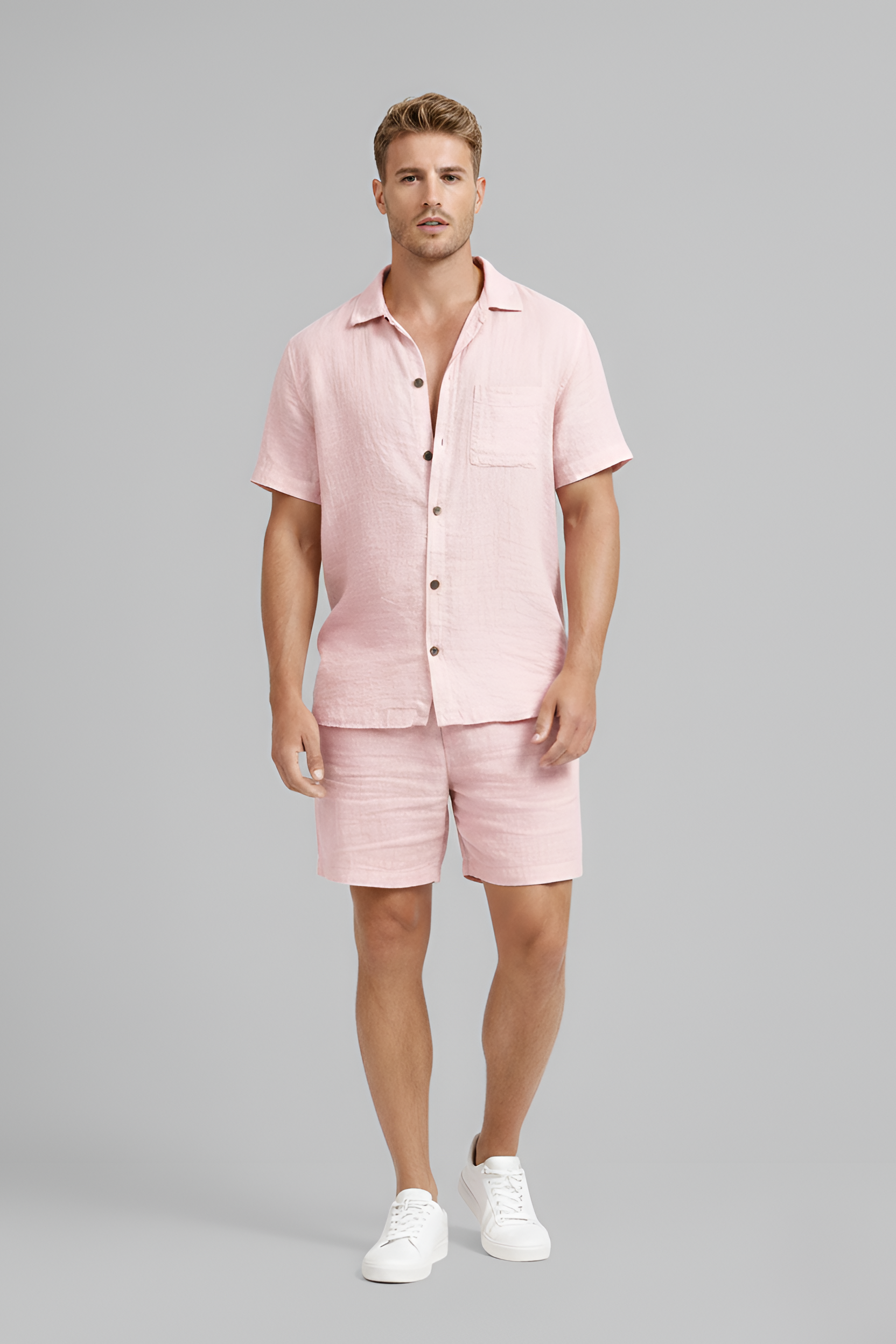 Conjunto de verano para hombre en lino – camisa de manga corta y pantalones cortos en mezcla de lino