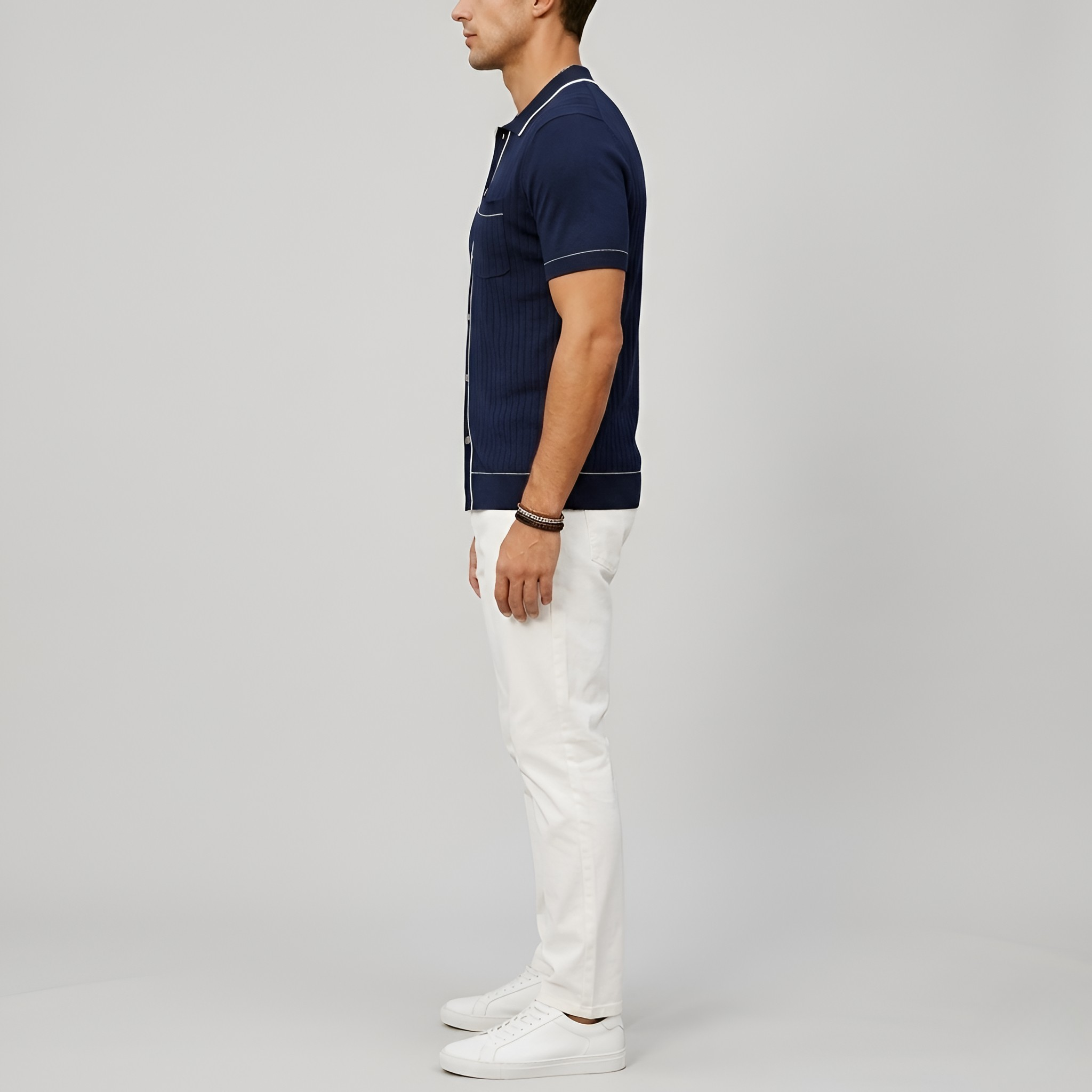 Tricou polo bărbătesc din bumbac reiat cu nasturi și guler de cămașă, mâneci scurte