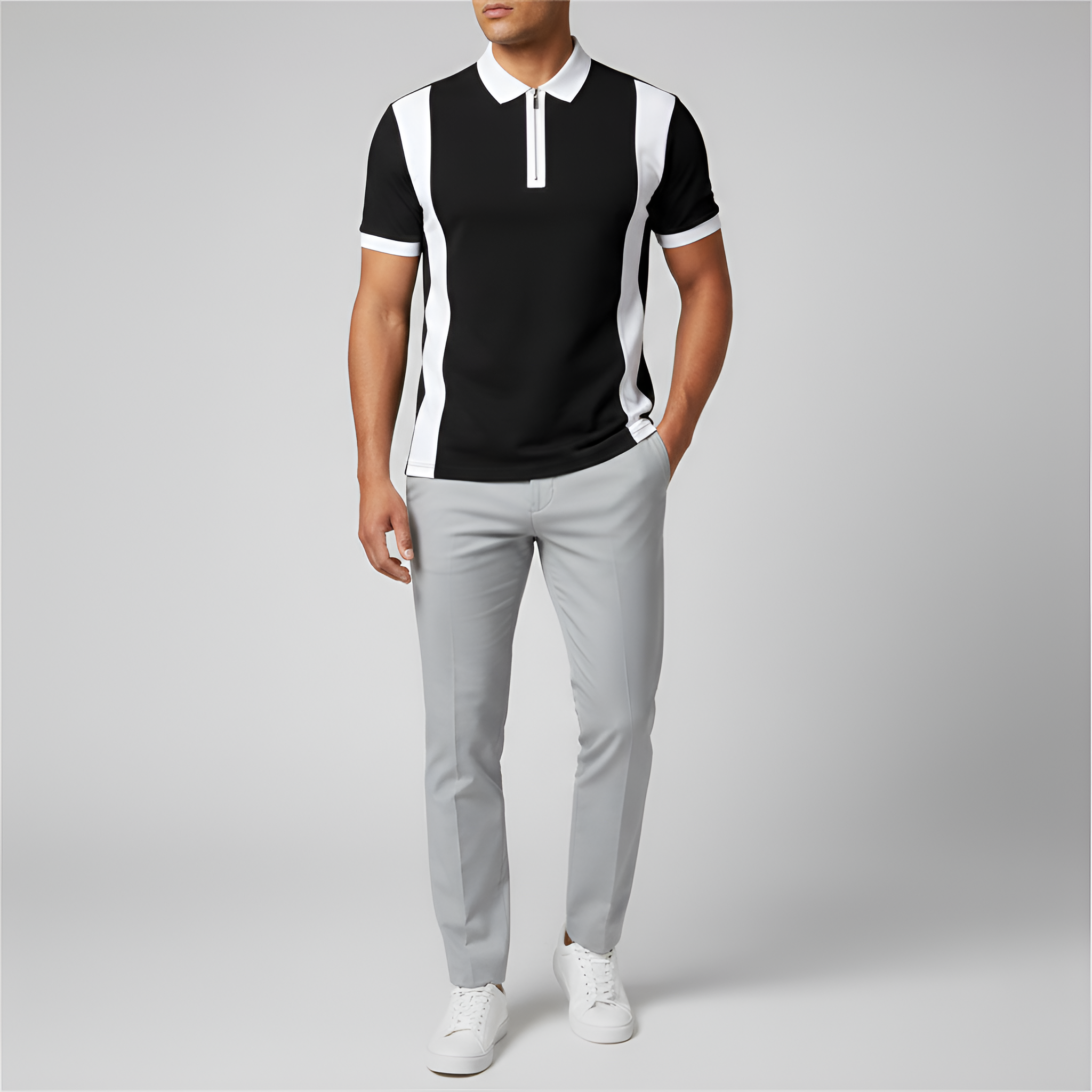 Pánske polokošeľa s krátkym rukávom a zipsom – priliehavá polokošeľa s pruhmi