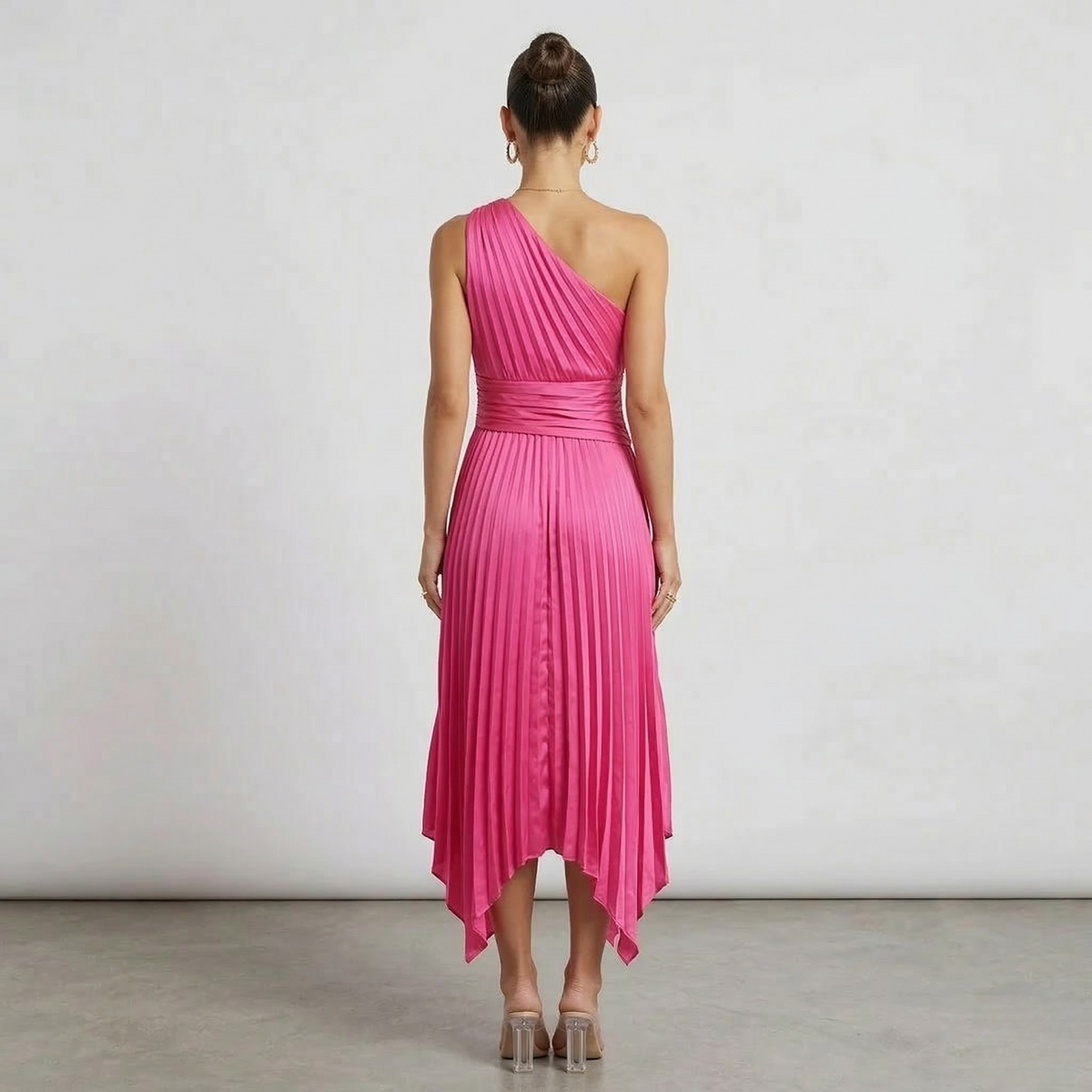 Women's One-Shoulder Midi Dress with Pleated Skirt, Asymmetrical Evening Party Dress
