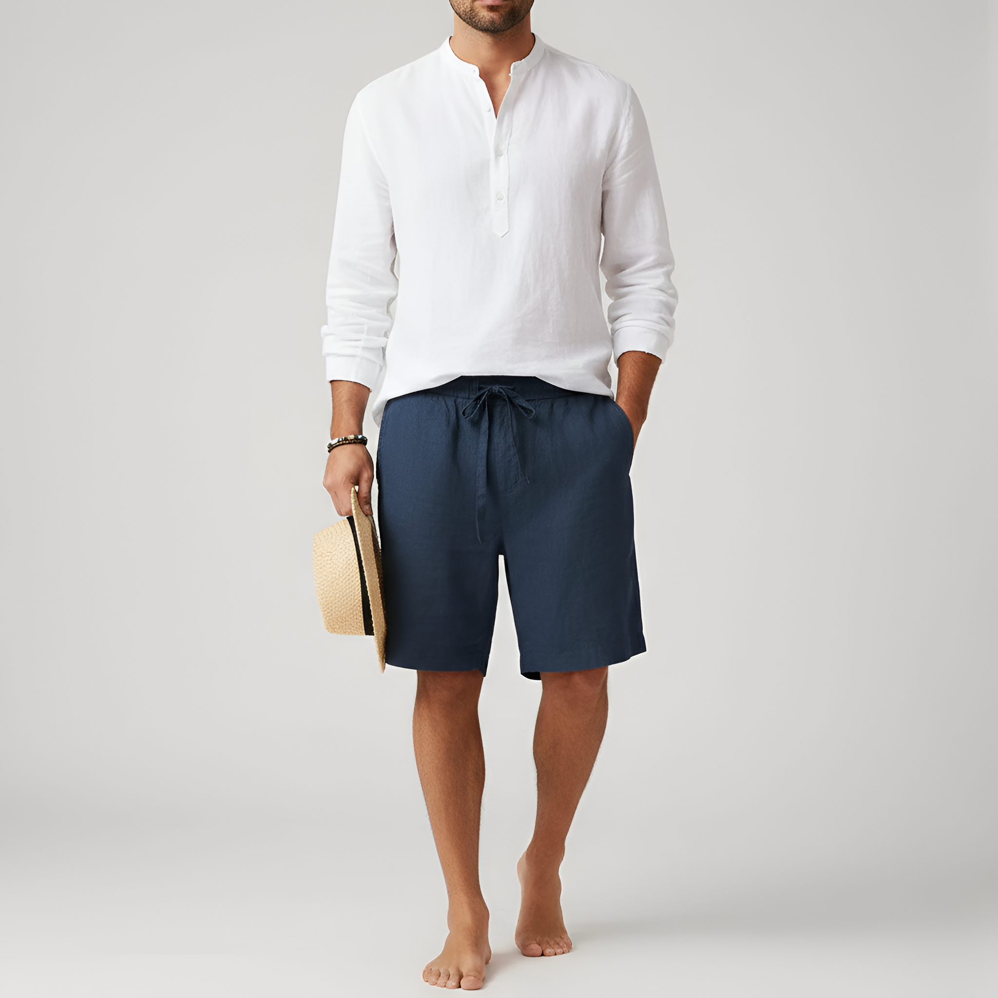 Pantalones cortos de lino para hombre con cintura elástica y cordón para el verano