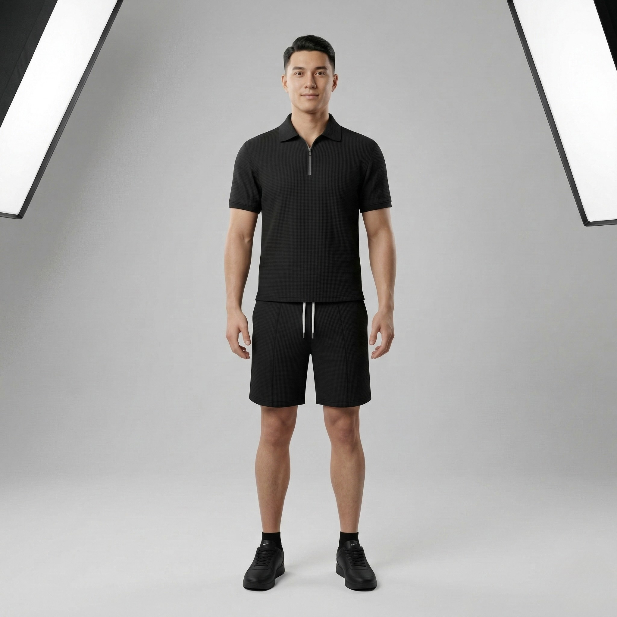 Pánska polokošeľa so štvrťovým zipsom a šortky so sťahovacou šnúrkou Dvojdielna súprava na voľný čas